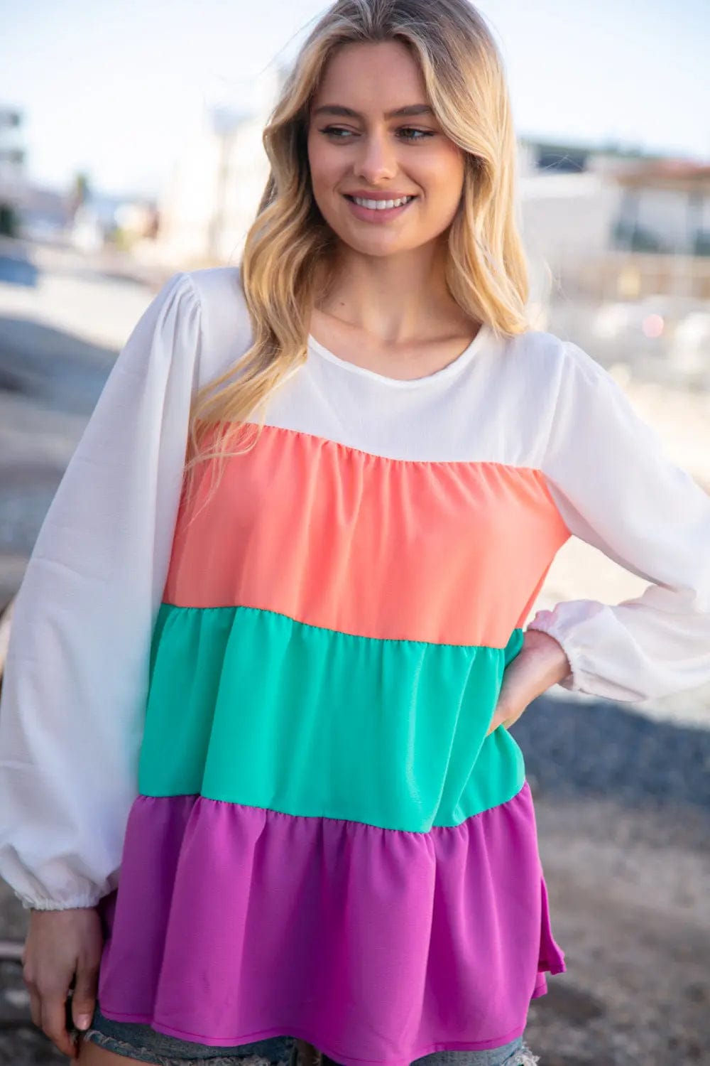 Ivory & Peach Woven Crepe Tiered Blouse for Women - Elegant Flowy Boho Top for Casual Outings & Date Nights