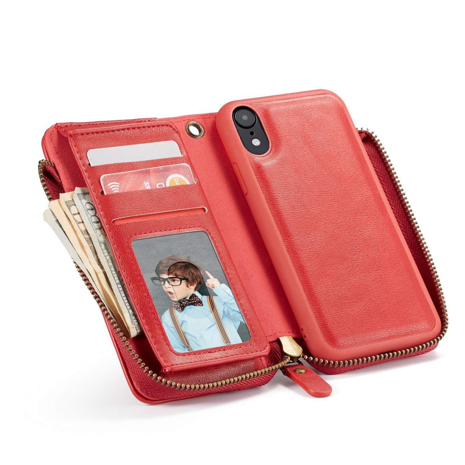 Premium Genuine Leather Wallet Case for iPhone XR (2018) 6.1 Inch - Detachable Zipper Cover with Hand Strap, Large Capacity Card & Money Holder (Red) - Business & Travel Protection for Women & Girls
