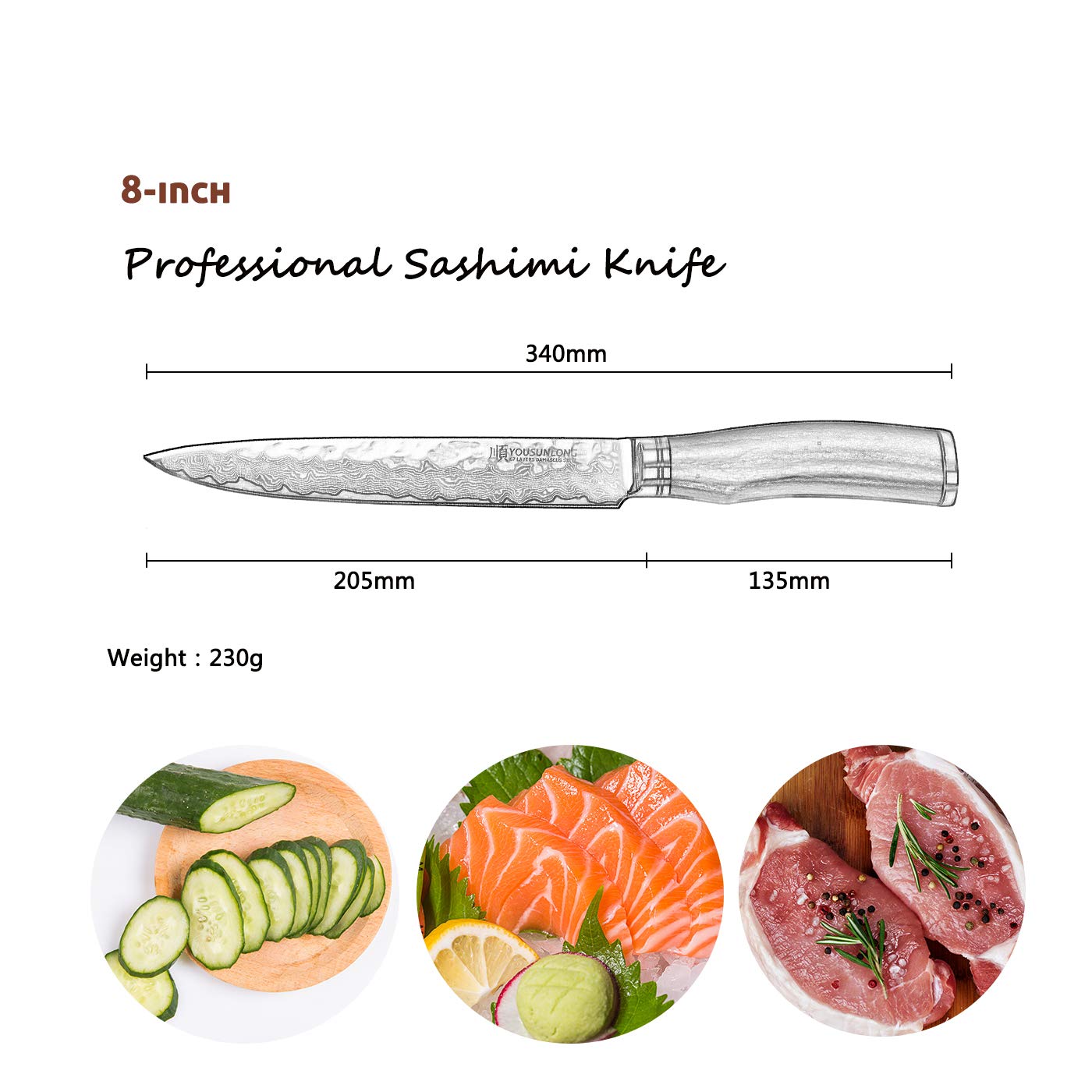 Premium 8 Inch Japanese Damascus Carving Knife - Handcrafted Hammered Steel Blade with Natural Leadwood Handle & Leather Sheath - Perfect for Slicing Meat, Vegetables & Culinary Arts