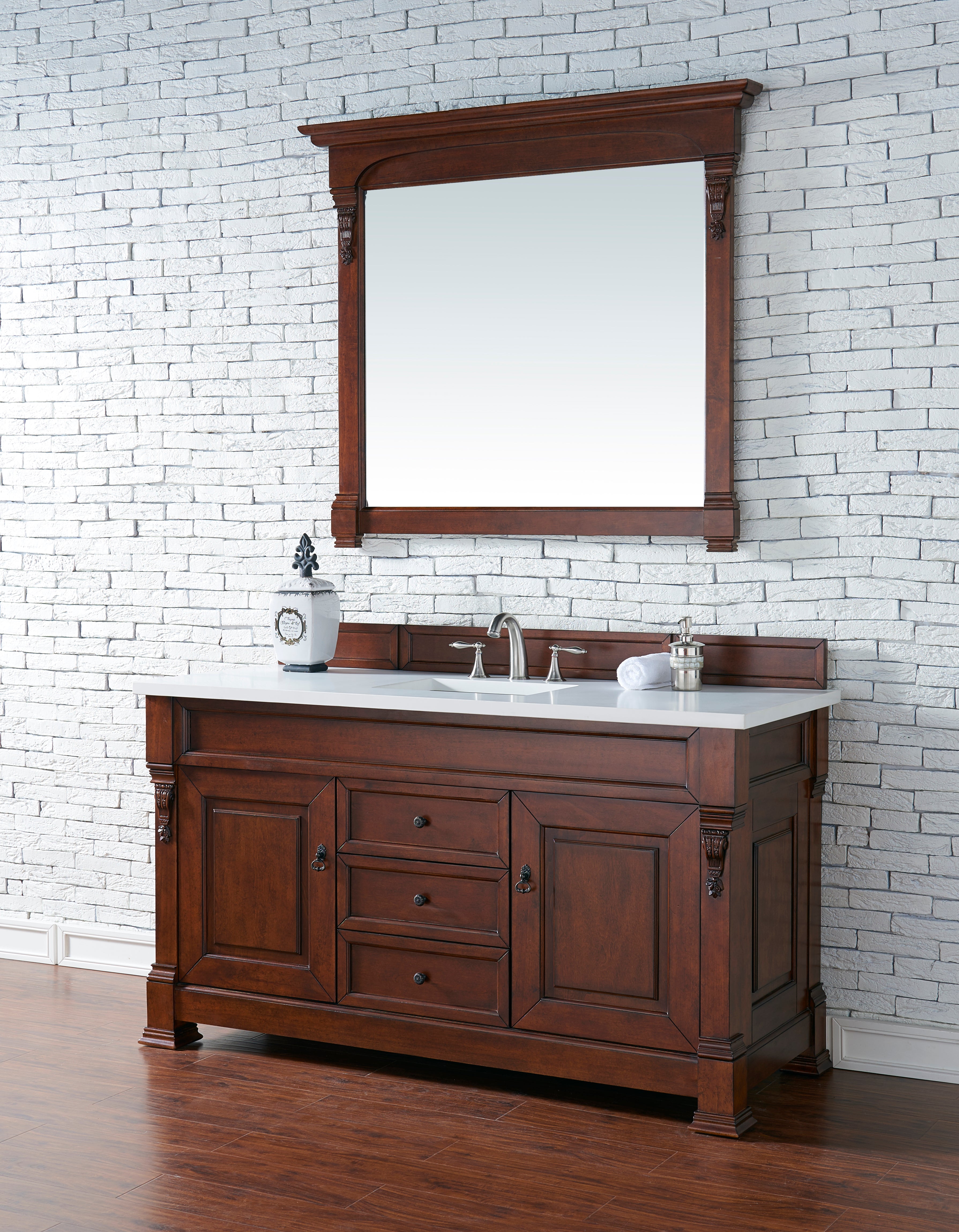 Brookfield 60 Inch Single Bathroom Vanity with Warm Cherry Finish & 3CM White Zeus Quartz Countertop - Perfect for Modern Home Bathroom Renovation