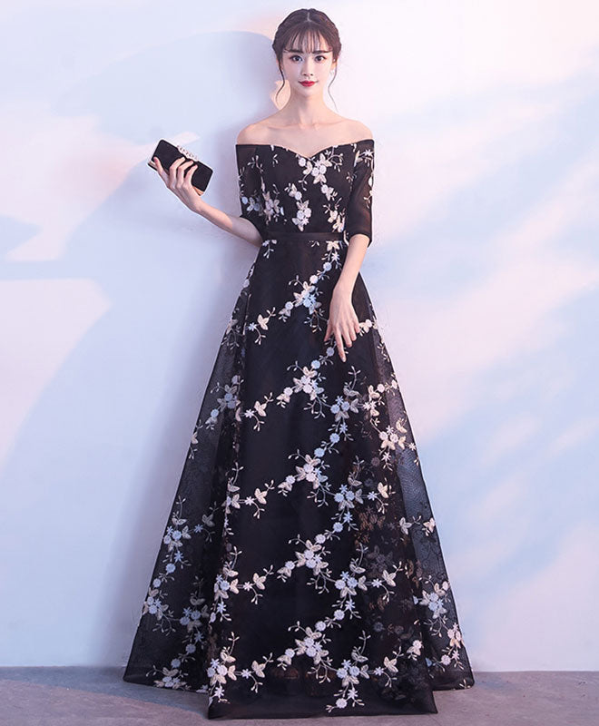 Elegant Black V-Neck Off-Shoulder Long Prom Dress - Formal Evening Gown for Homecoming, Ball & Special Occasions