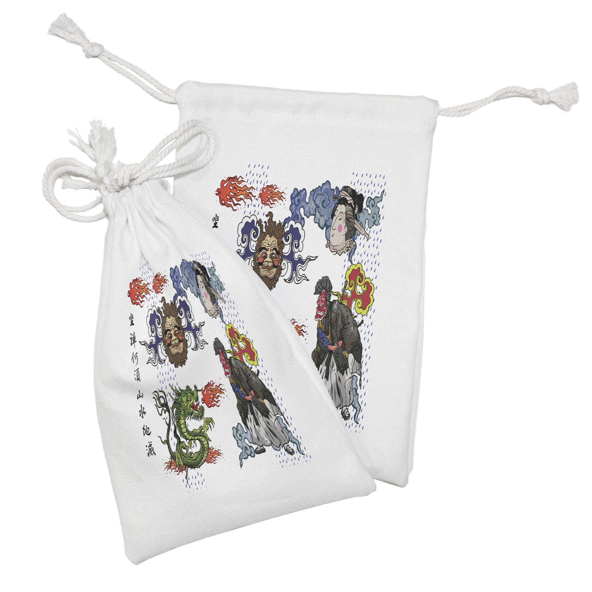Ambesonne Dragon Fabric Pouch Set of 2 - Japanese Manga Style Drawstring Bags with Kimono & Geisha Tribal Designs (9