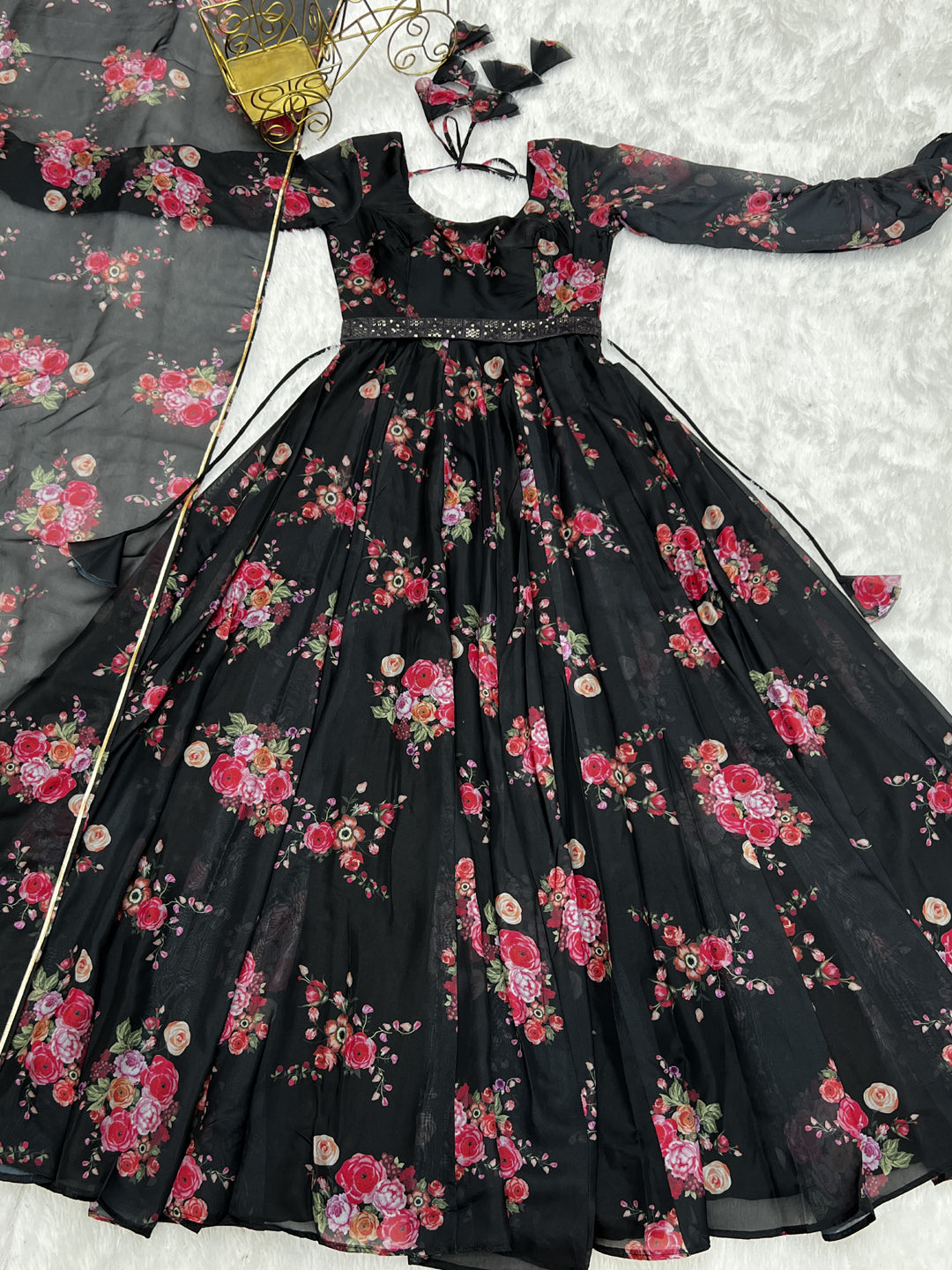 Elegant Black Designer Anarkali Dress with Dupatta & Belt - Perfect for Weddings, Parties & Festive Occasions