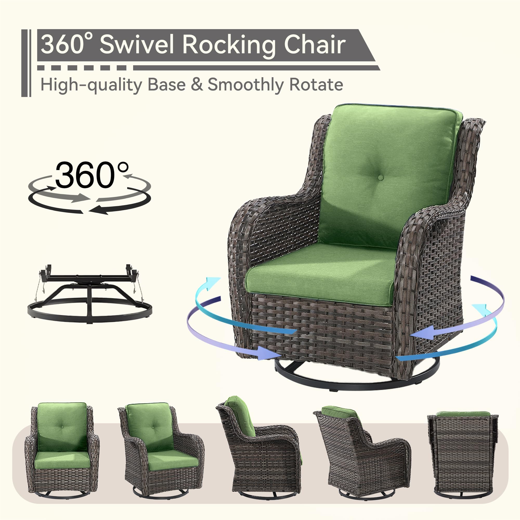 Outdoor Swivel Rocker Patio Chair - Weather-Resistant Wicker Patio Chair with Olefin Fabric Cushions, 360-Degree Rotation, Perfect for Backyard, Deck, Porch, Garden & Poolside Relaxation - Green