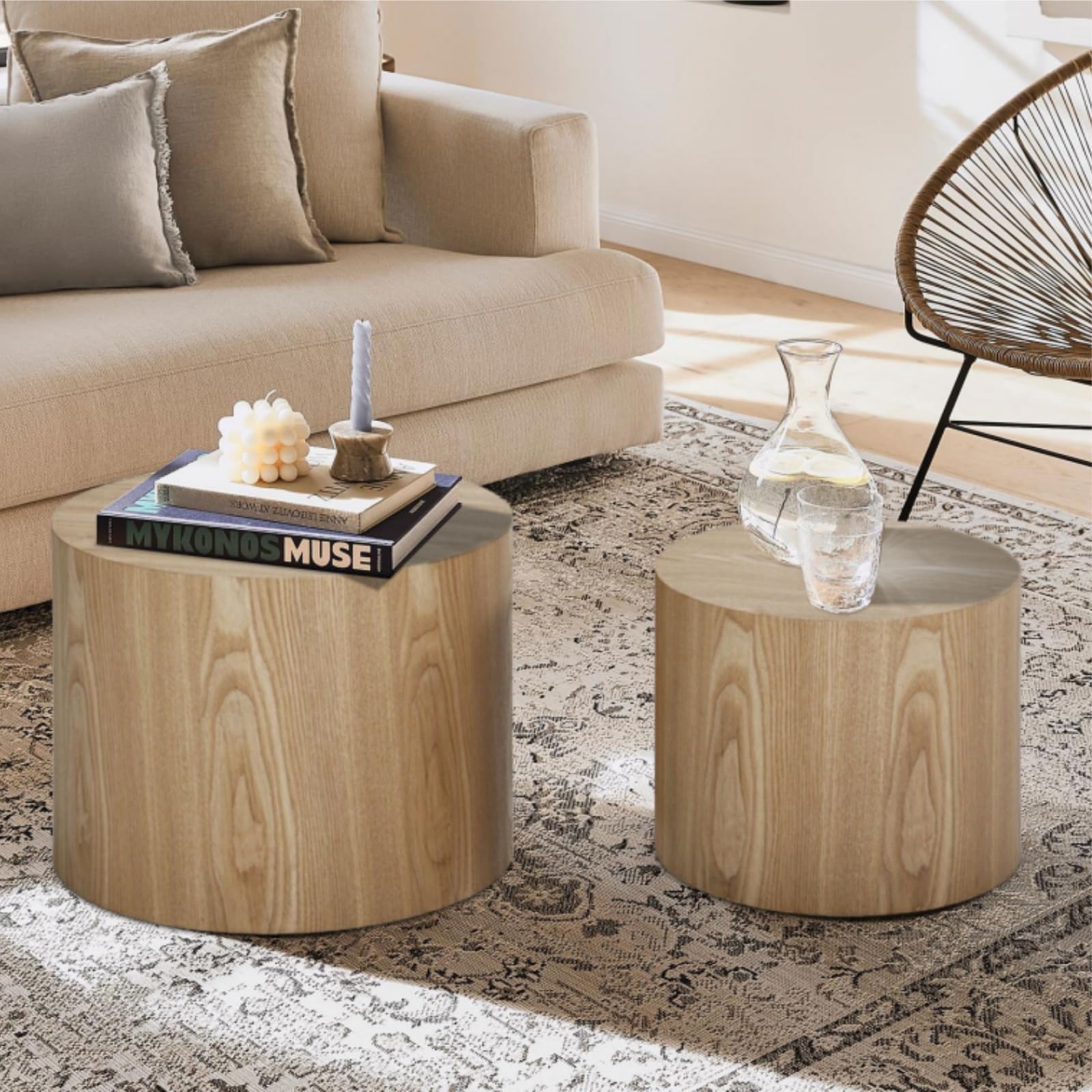 Round Wood Drum Coffee Table Set of 2 - Modern Nesting End Tables for Small Spaces | Contemporary Living Room Furniture (Wood Color) | Perfect for Apartments, Dorms & Cozy Home Decor