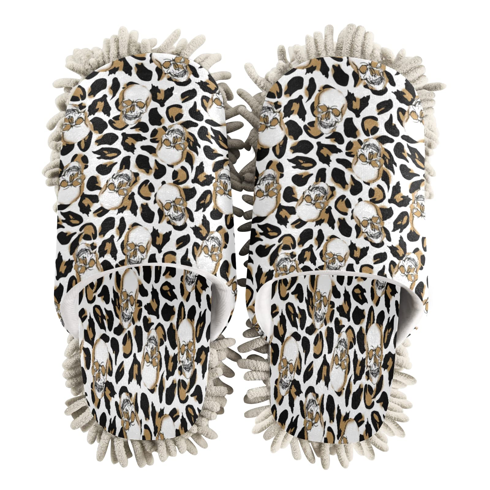 ALAZA Skull Leopard Cheetah Print Warm Indoor Slippers - Unisex House Shoes for Women & Men with Non-Slip Sole - Perfect for Kitchen, Living Room, Bedroom & Home Cleaning (Floor Mop Slippers)