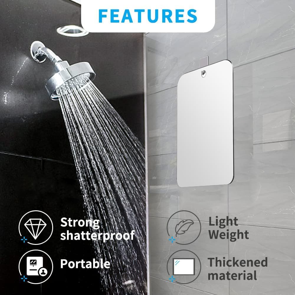 Unbreakable Shower Mirror for Shaving - 7.55x6 Inch Portable Shaving Mirror with Adhesive Mount | Fog-Resistant Bathroom Mirror for Men | Perfect for Travel, Camping & Home Use