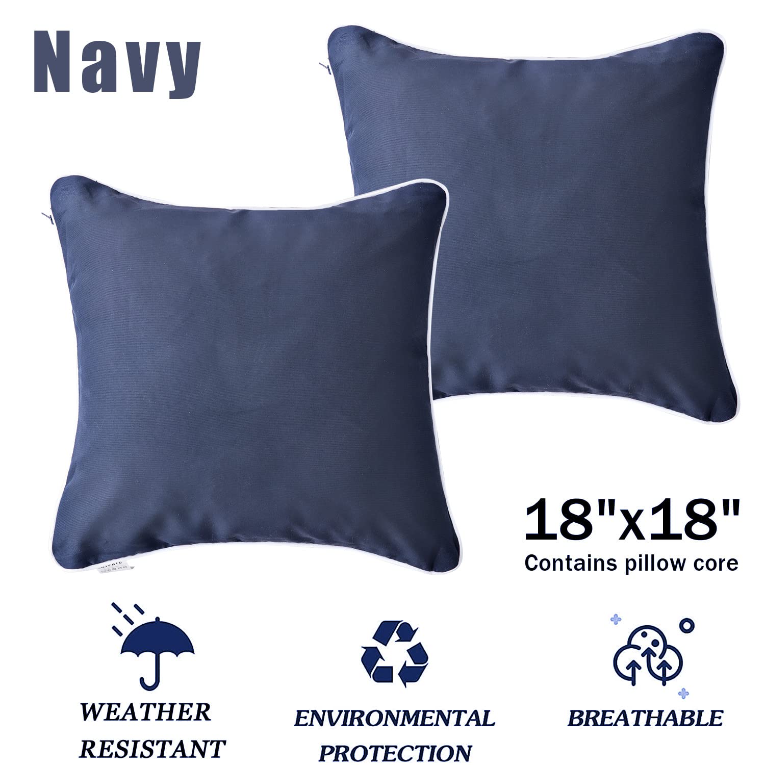Enipate Inserts Included - Water Resistant Outdoor Throw Pillows Set of 2 (18x18 Inch) Navy Blue Toss Pillows for Patio Furniture Decor - Perfect for Outdoor Sofas, Garden Chairs & Poolside Lounging