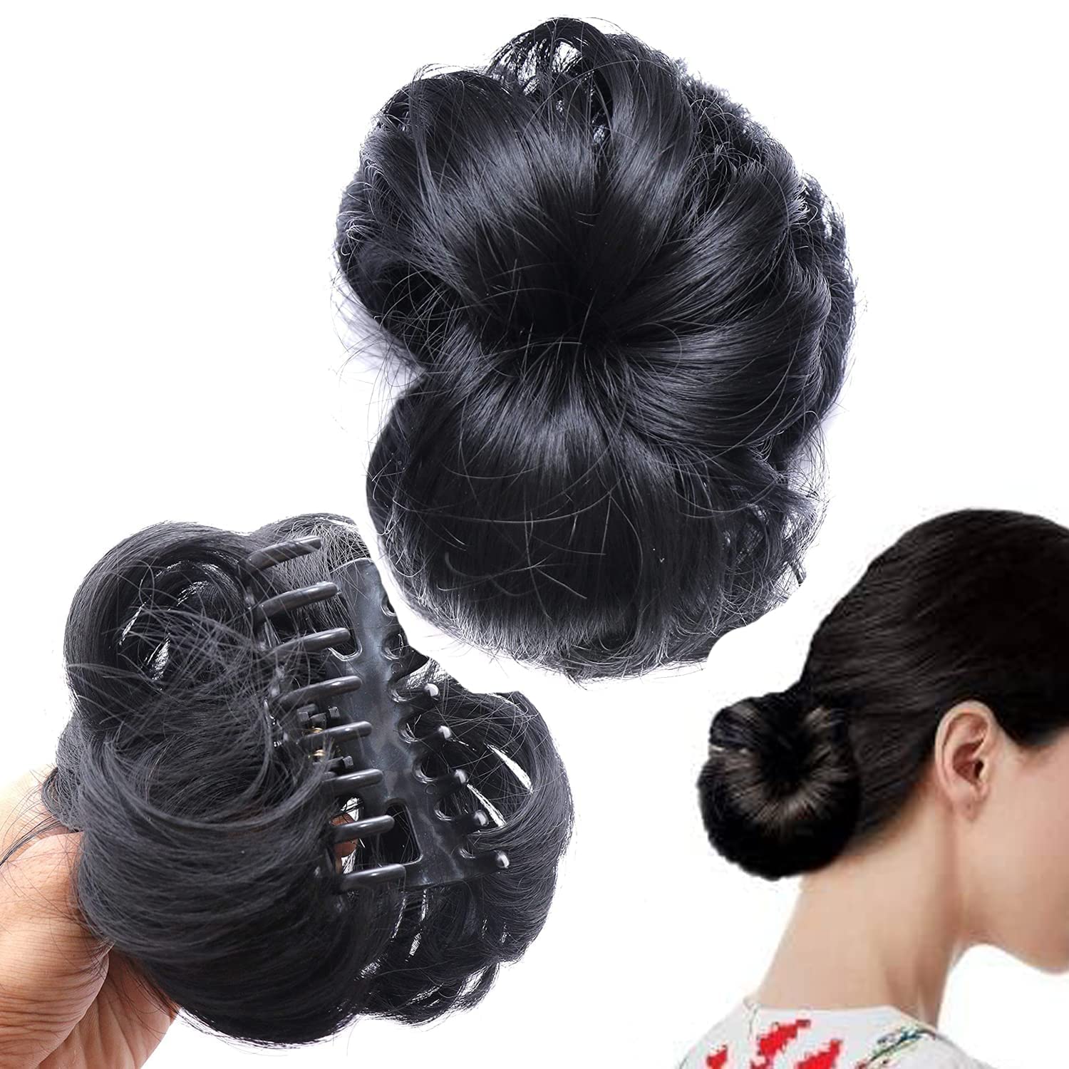 Diversa Juda Hair Clip - Artificial Hair Extension Bun Claw Clips with Clutcher for Women & Girls - Black (Pack of 1) - Perfect for Updos, Ponytails & Hair Styling