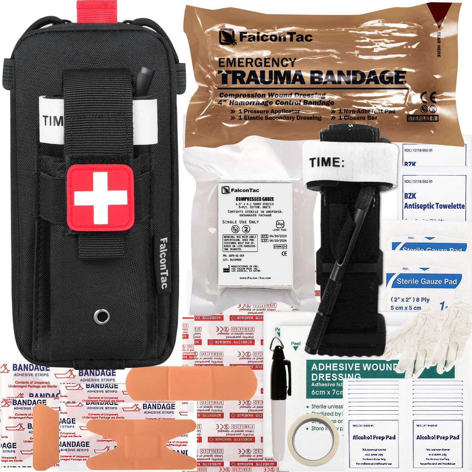 FalconTac EDC Trauma Kit IFAK - EMT First Aid Kit for Emergency Medical Treatment (Black) - Perfect for Outdoor, Hiking, Camping & Survival Preparedness