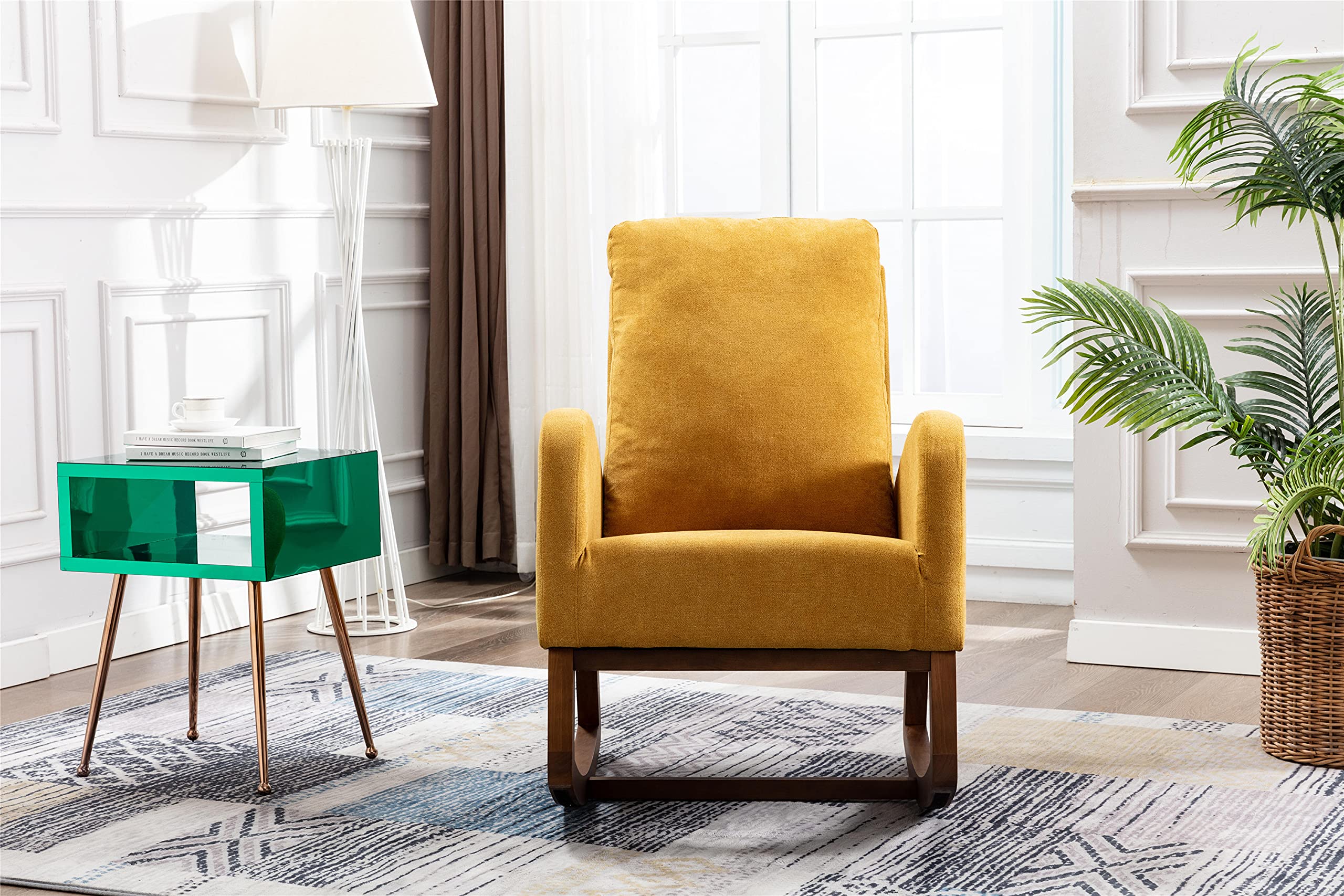 Modern Rocking Chair Nursery Glider Recliner - High Back Cushion Accent Chair for Baby Nursery, Kids Room & Living Room - Comfortable Indoor Lounge Rocker with Pocket - Perfect for Breastfeeding, Reading & Relaxing (Yellow)