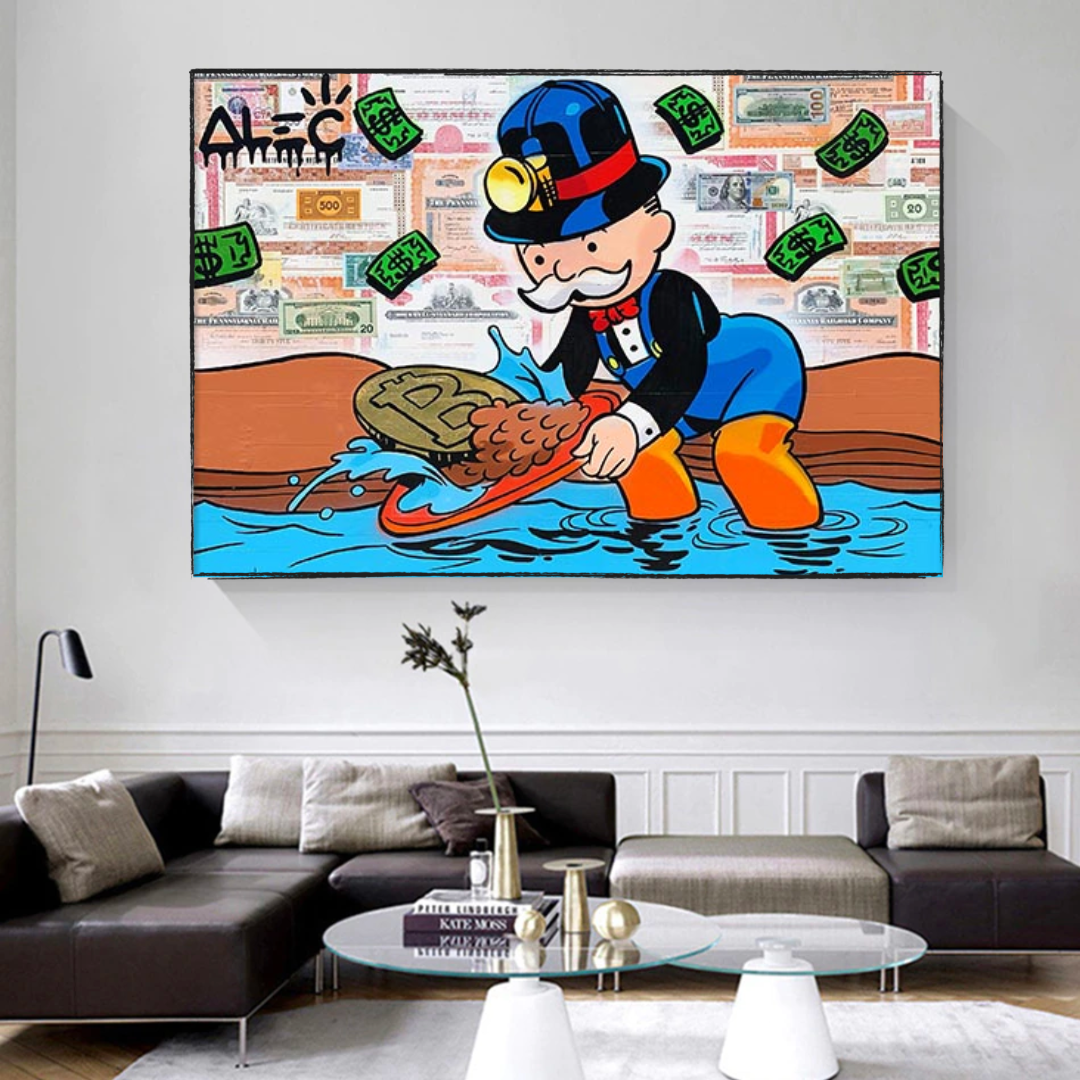 Alec Monopoly Man Bitcoin Mining Artwork - Unique Crypto Landscape Wall Decor for Home & Office - Perfect for Bitcoin Enthusiasts & Modern Art Collectors