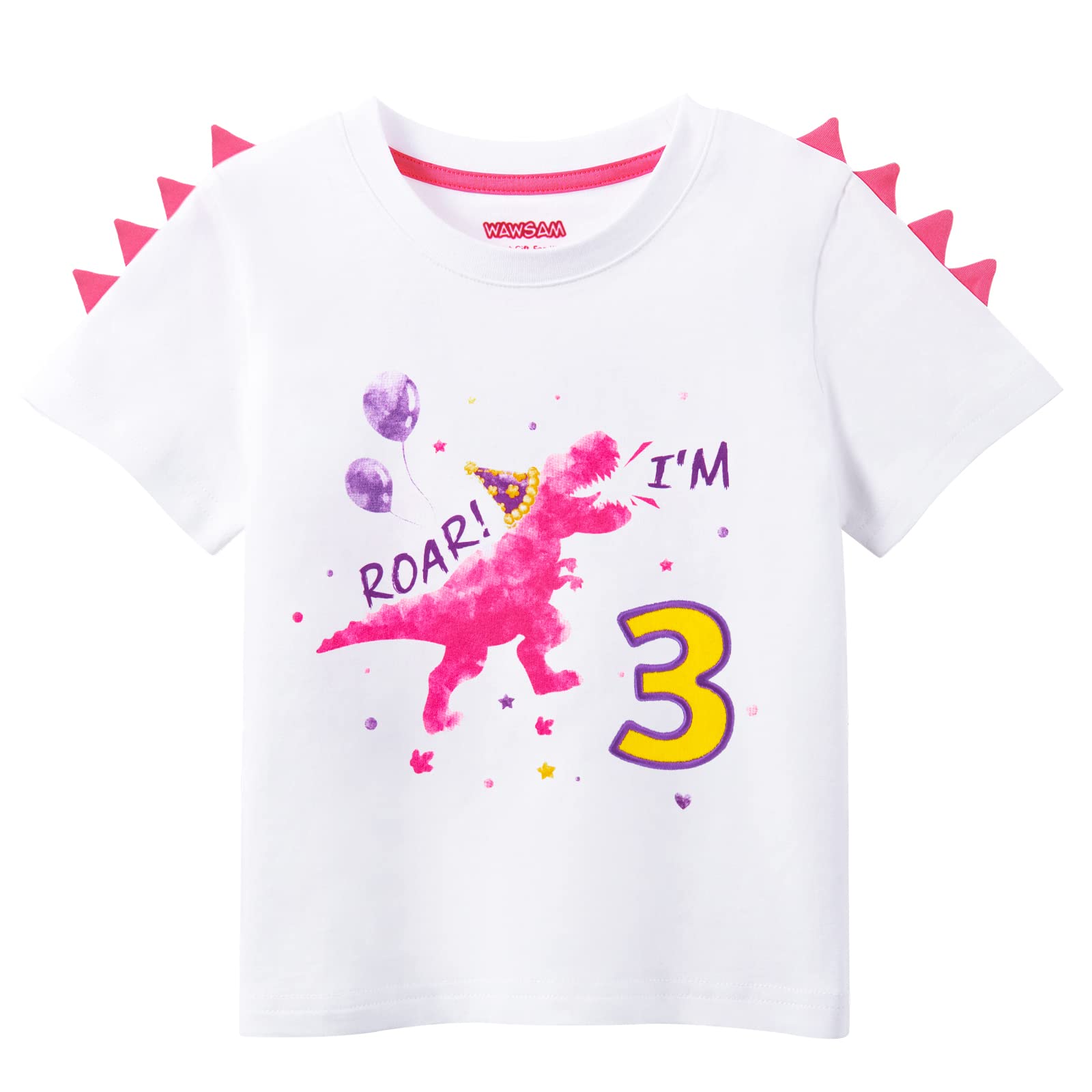 Dinosaur Birthday Shirt for Girls - WAWSAM 3rd Birthday Dino T-Shirt for Toddler Girls | Perfect for Birthday Parties, Photo Shoots & Casual Wear