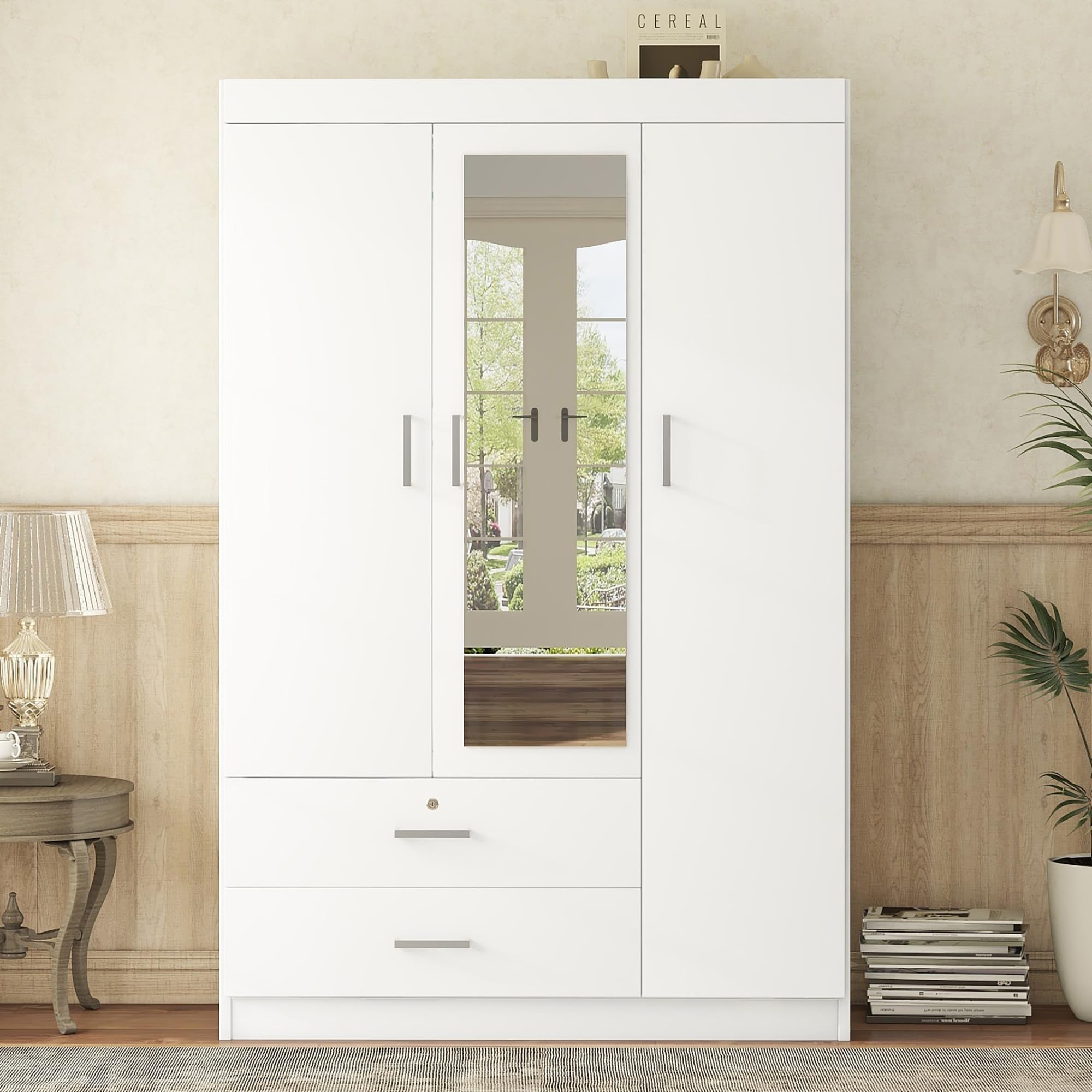 White Wooden Armoire Wardrobe with Mirror - 3 Door Closet with 2 Drawers for Bedroom Storage, Teen & Adult Clothes Organizer | Perfect for Master Bedroom, Guest Room or Dormitory Organization
