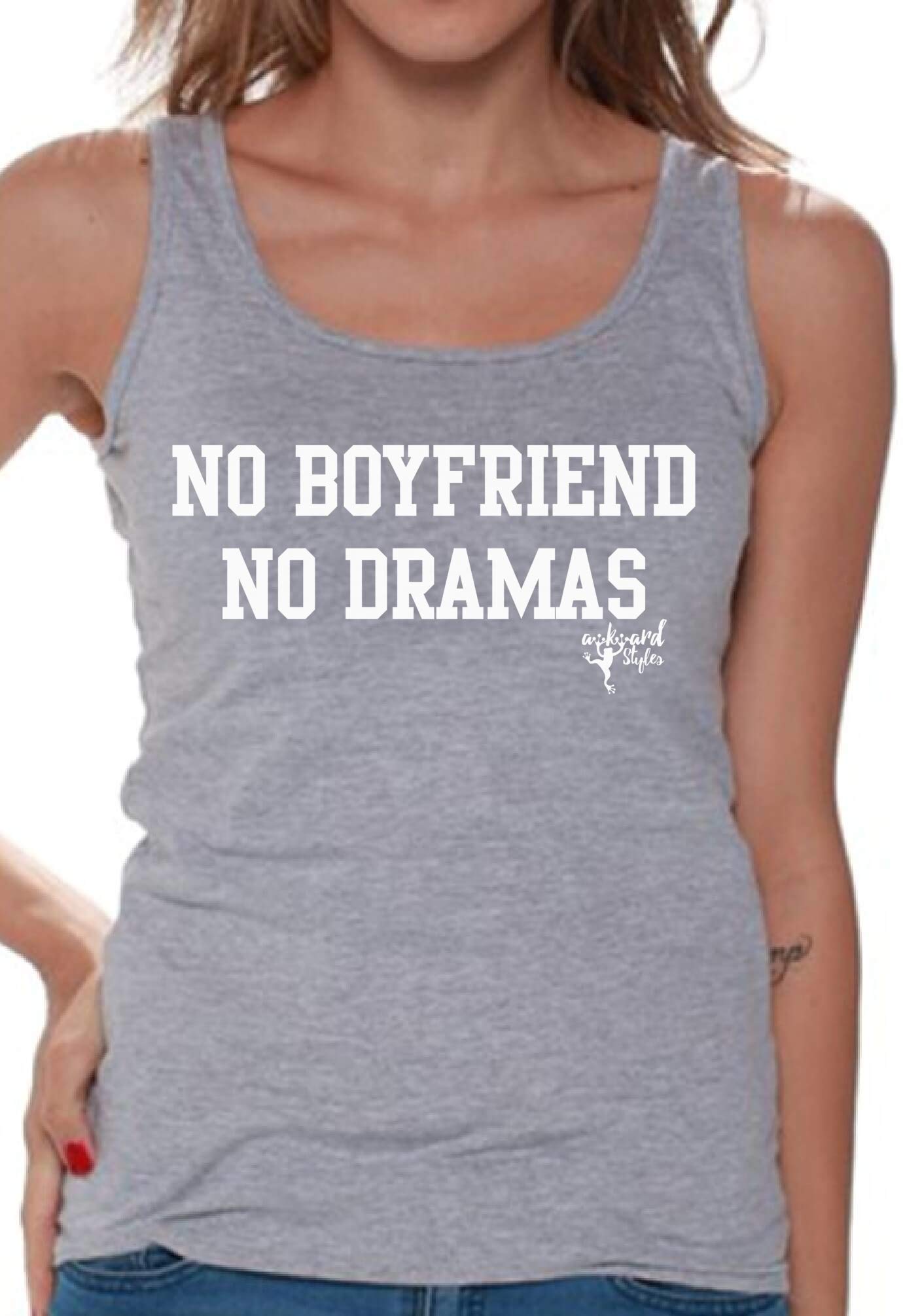 Awkwardstyles Women's Funny No Boyfriend No Drama Slogan Tank Top - White Cotton Casual Tee for Summer Outfits, Girls Night Out & Bachelorette Parties