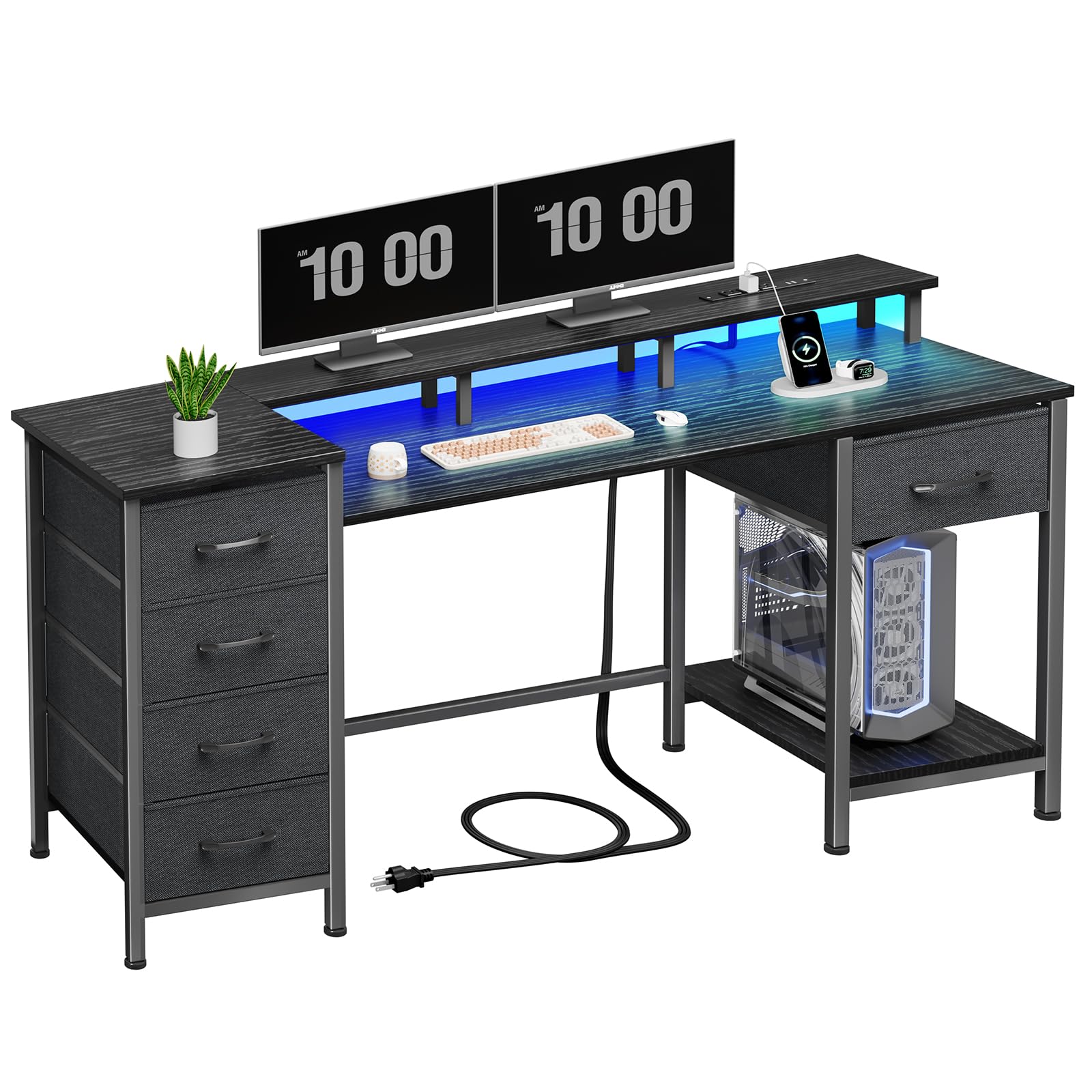 55 Inch Gaming Desk with Power Outlets & LED Lights - Adjustable Home Office Computer Desk with Fabric Storage Drawers, Perfect for Work, Study, and Gaming - Black