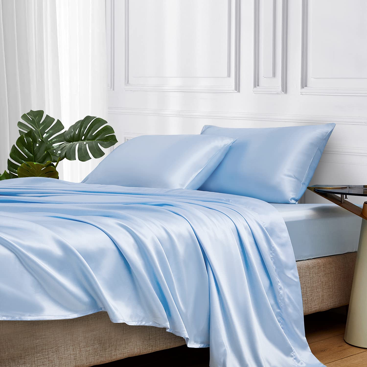 Luxury Satin Bed Sheets Set - California King Size 4-Piece Silky Soft Bedding with 15