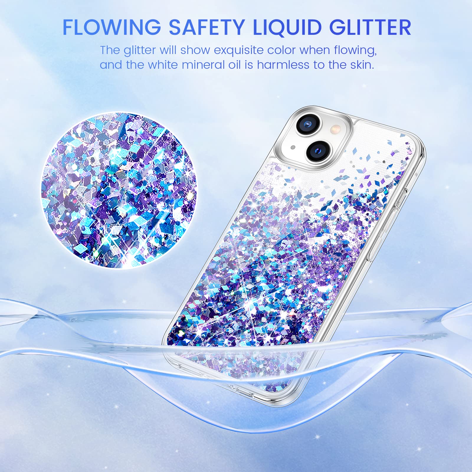 Caka Glitter Phone Case Compatible with iPhone 13 Mini (5.4 Inch) - Sparkling Floating Quicksand Waterfall Clear Soft TPU Cover for Women (Blue Purple) | Perfect for Everyday Use, Parties & Gift Giving