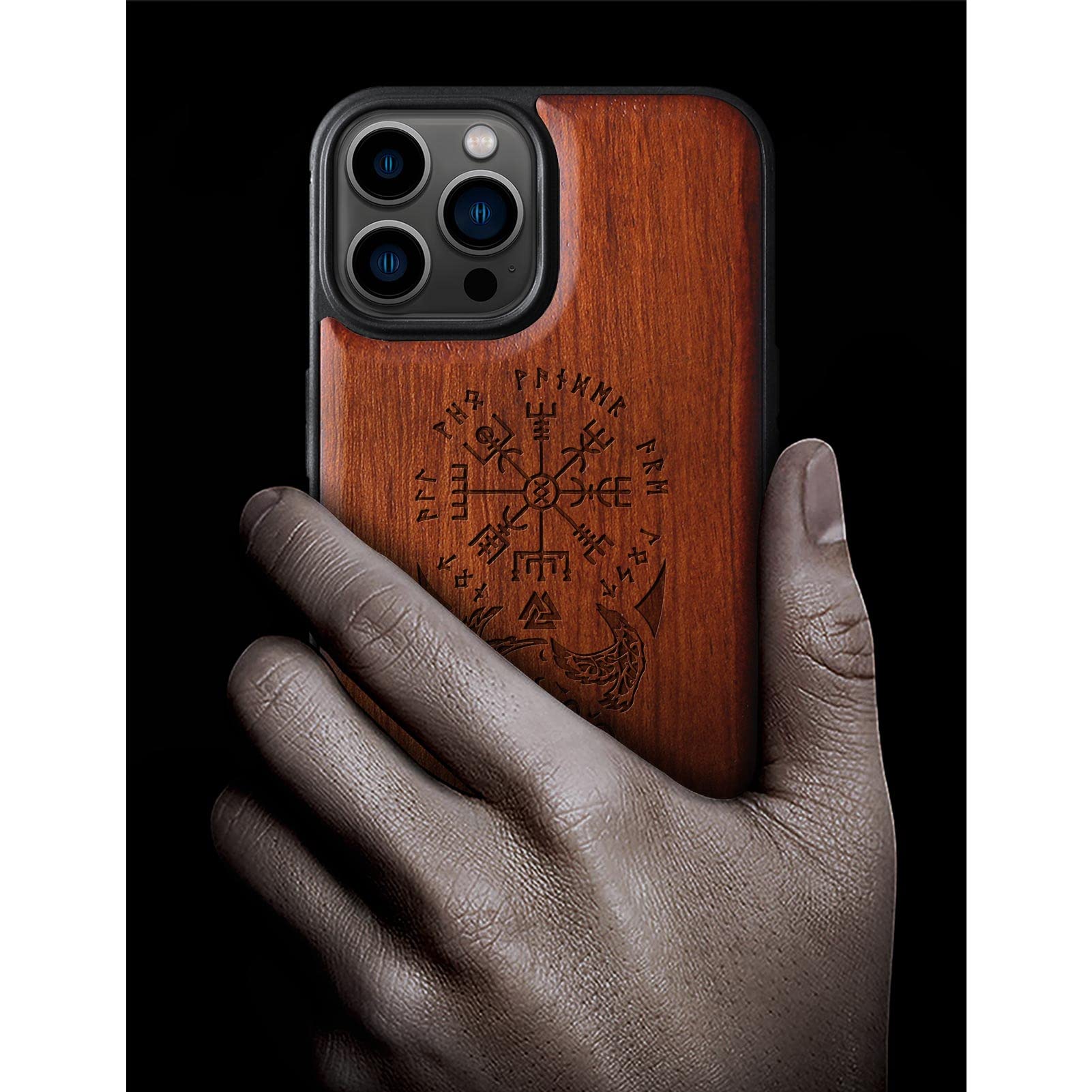 Carveit Magnetic Wood Case for iPhone 13 Pro Max - Natural Rosewood & Black TPU Shockproof Cover with MagSafe Compatibility | Viking Compass Vegvisir Design | Perfect for Outdoor Adventures & Daily Protection