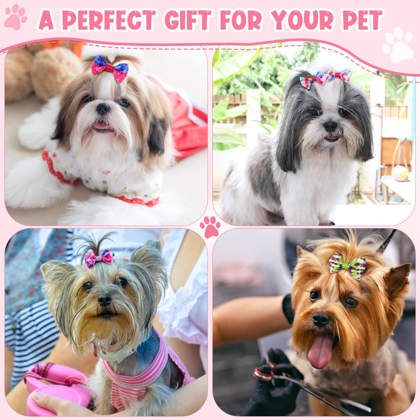 60 Pcs Cute Puppy Dog Hair Bows - Small Bowknot Hair Accessories with Rubber Bands for Dogs, Handmade Pet Grooming Supplies - Perfect for Holiday, Birthday Gifts & Party Outfits (Tie Dye Pattern)