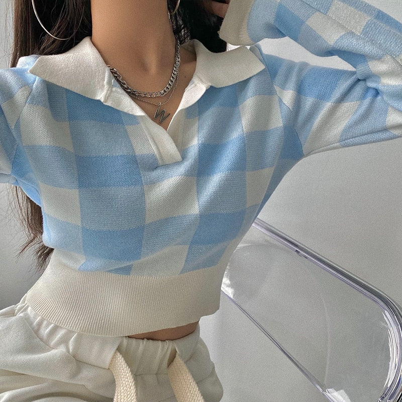 Vintage Knit Crop Top Sweater for Women - Cozy Long Sleeve Plaid Pullover | Fall Winter Fashion, Casual Outfits & Layering Essentials