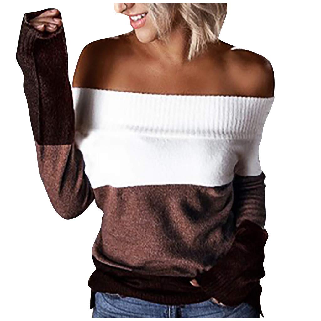 Oversized Off Shoulder Long Sleeve Sweater - Colorblock Loose Knit Jumper Pullover Top for Women | Cozy Winter Fashion, Casual Outfit, Layering Essential