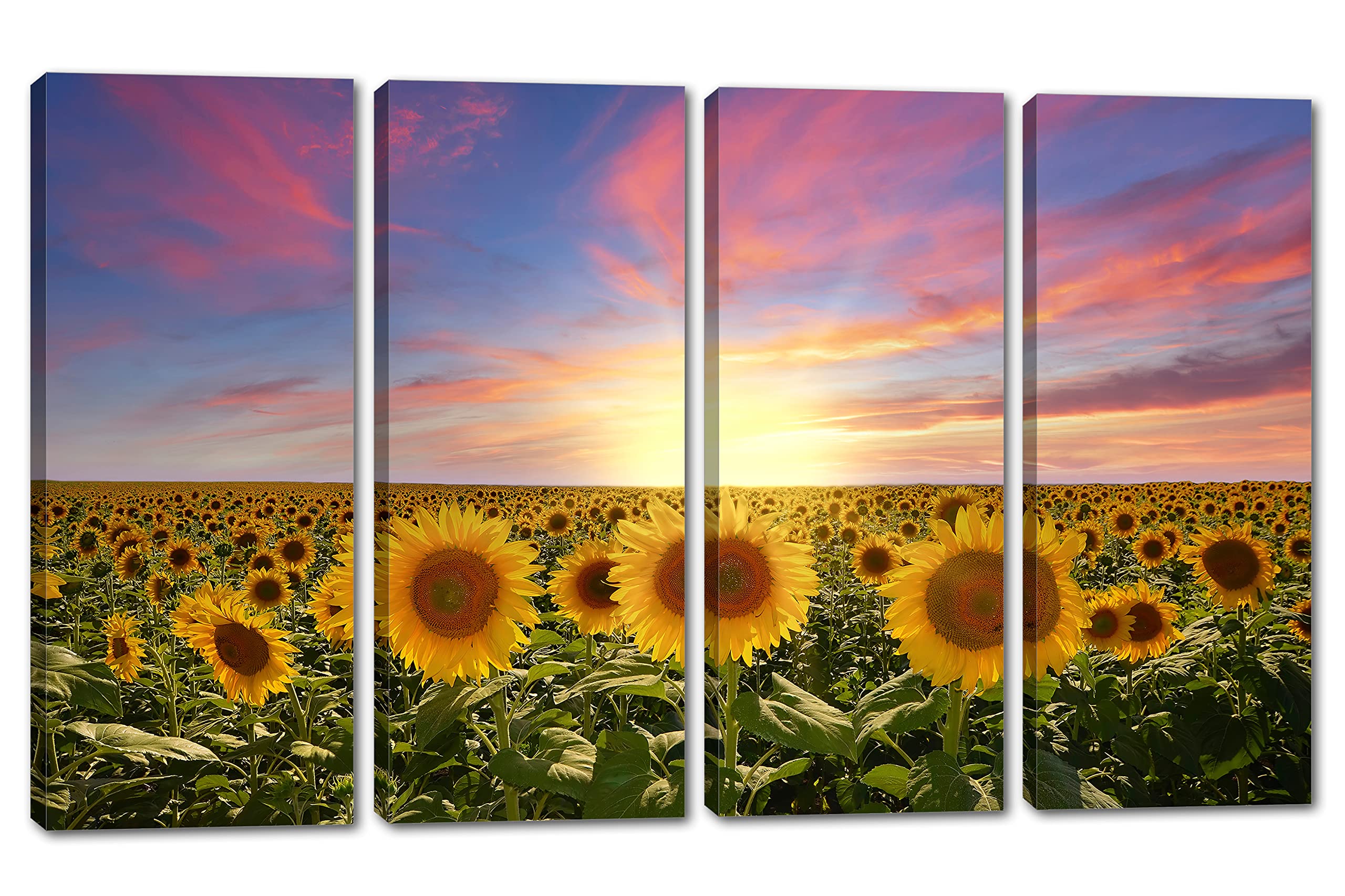 48x30 Sunflower Fields Pink Sky Canvas Print Wall Art - 4 Panel Split Botanical Floral Landscape Painting for Living Room, Bedroom & Office Decor
