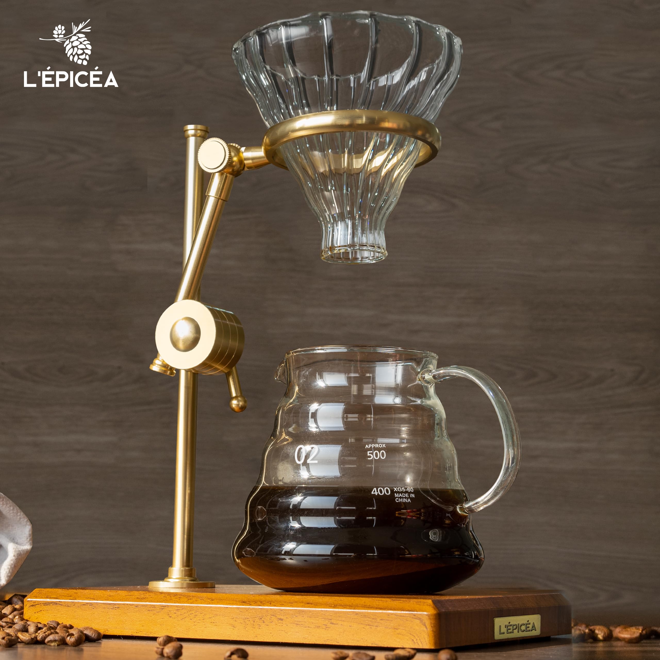 Premium Pour Over Coffee Maker Set - Adjustable Stainless Steel Stand with Wooden Base, Glass Carafe & Paper Filters | Ideal for Home Brewing, Office Use & Specialty Coffee Lovers