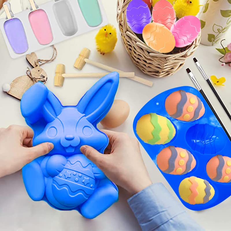 3Pcs Large Bunny Silicone Mold Set - 3D Rabbit Easter Egg Cake Chocolate Candy Jello Cocoa Bombs Baking Molds with 2 Wooden Hammers - Perfect for Easter Treats, DIY Desserts & Holiday Baking