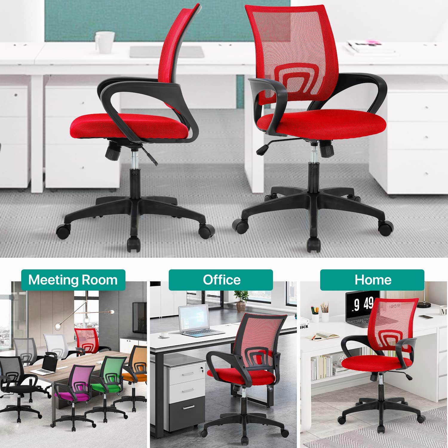 Ergonomic Office Chair with Adjustable Height, Mesh Back & Wheels - Comfortable Computer Desk Chair for Adults & Kids, Home & Office Use - Red
