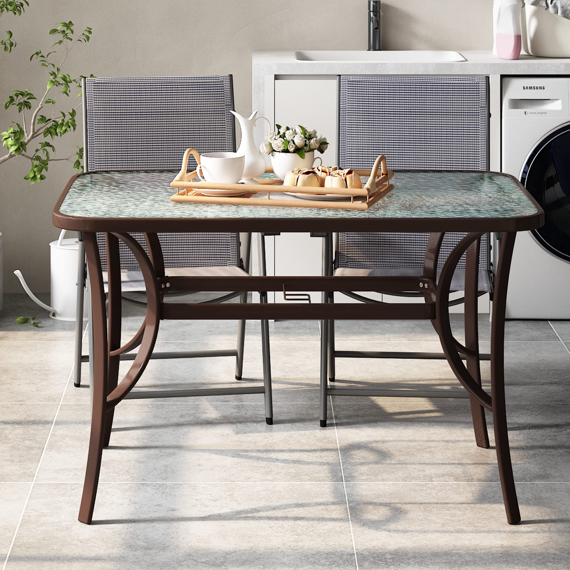 SogesPower 47 Inch Outdoor Tempered Glass Patio Dining Table with Umbrella Hole - Weather-Resistant Steel Frame in Elegant Brown - Perfect for Backyard, Garden, Poolside & Outdoor Entertaining