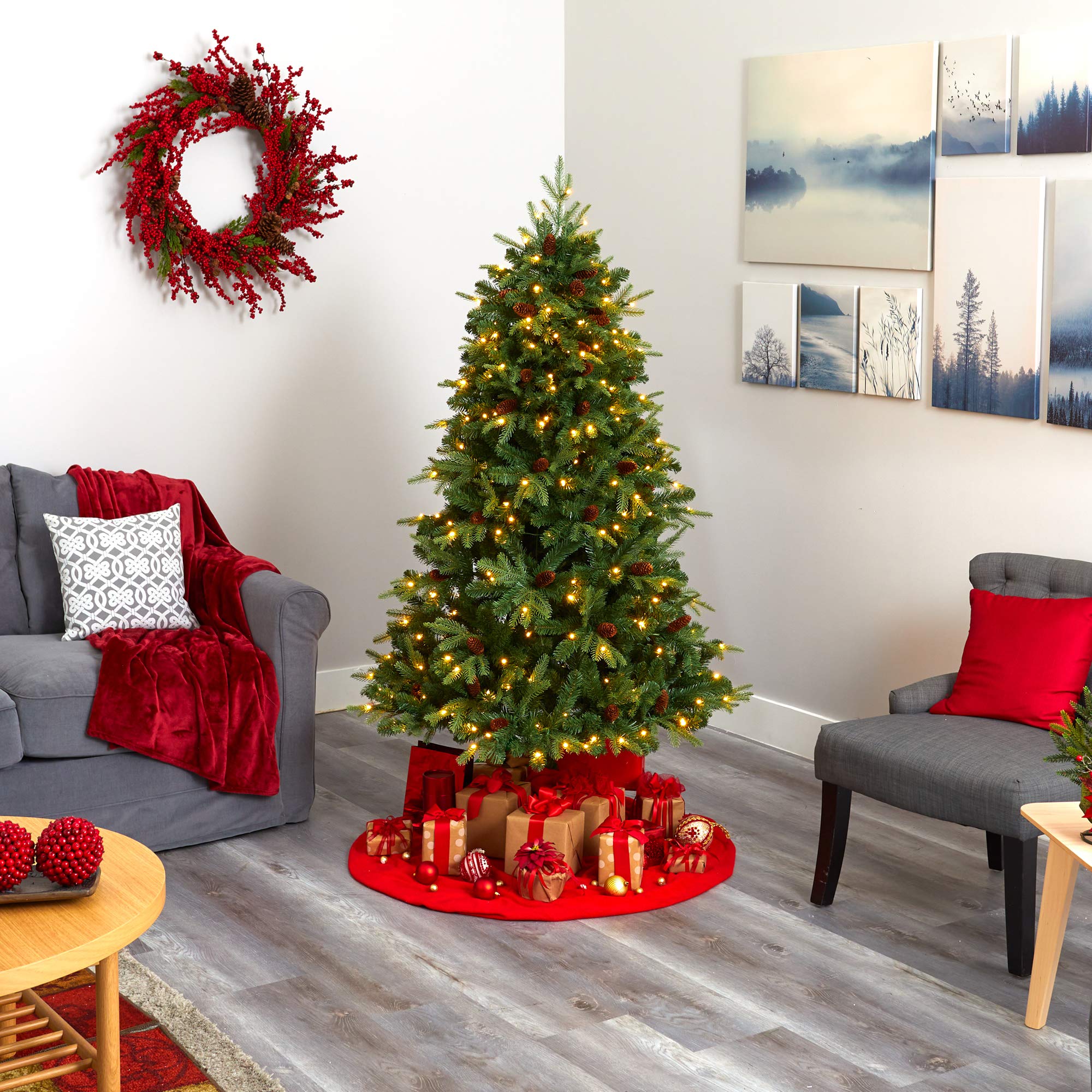 Nearly Natural 6ft Wellington Spruce Artificial Christmas Tree with 300 Clear LED Lights & Pine Cones - Perfect for Holiday Home Decor, Office Party & Festive Celebrations
