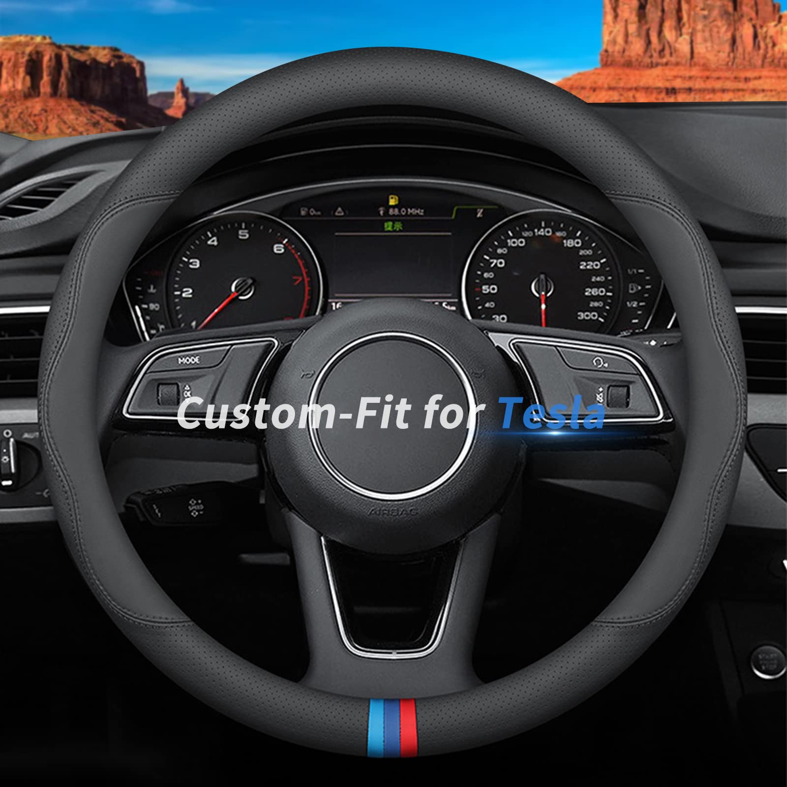 Premium Leather Tesla Steering Wheel Cover - Custom Fit, Non-Slip & Breathable with Logo | D-Style Design | Perfect for Model 3/Y/S/X Accessories | Enhances Grip & Comfort for Daily Commutes & Road Trips