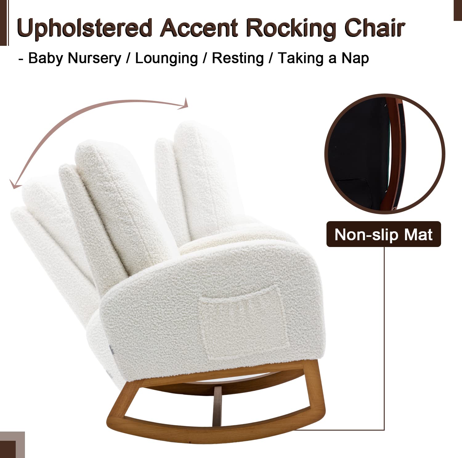 Antetek Modern Upholstered Nursery Glider Rocking Chair - Comfortable Baby & Kids Rocker with Side Pocket, High Back Support - Perfect for Nursery, Living Room, Bedroom (White)