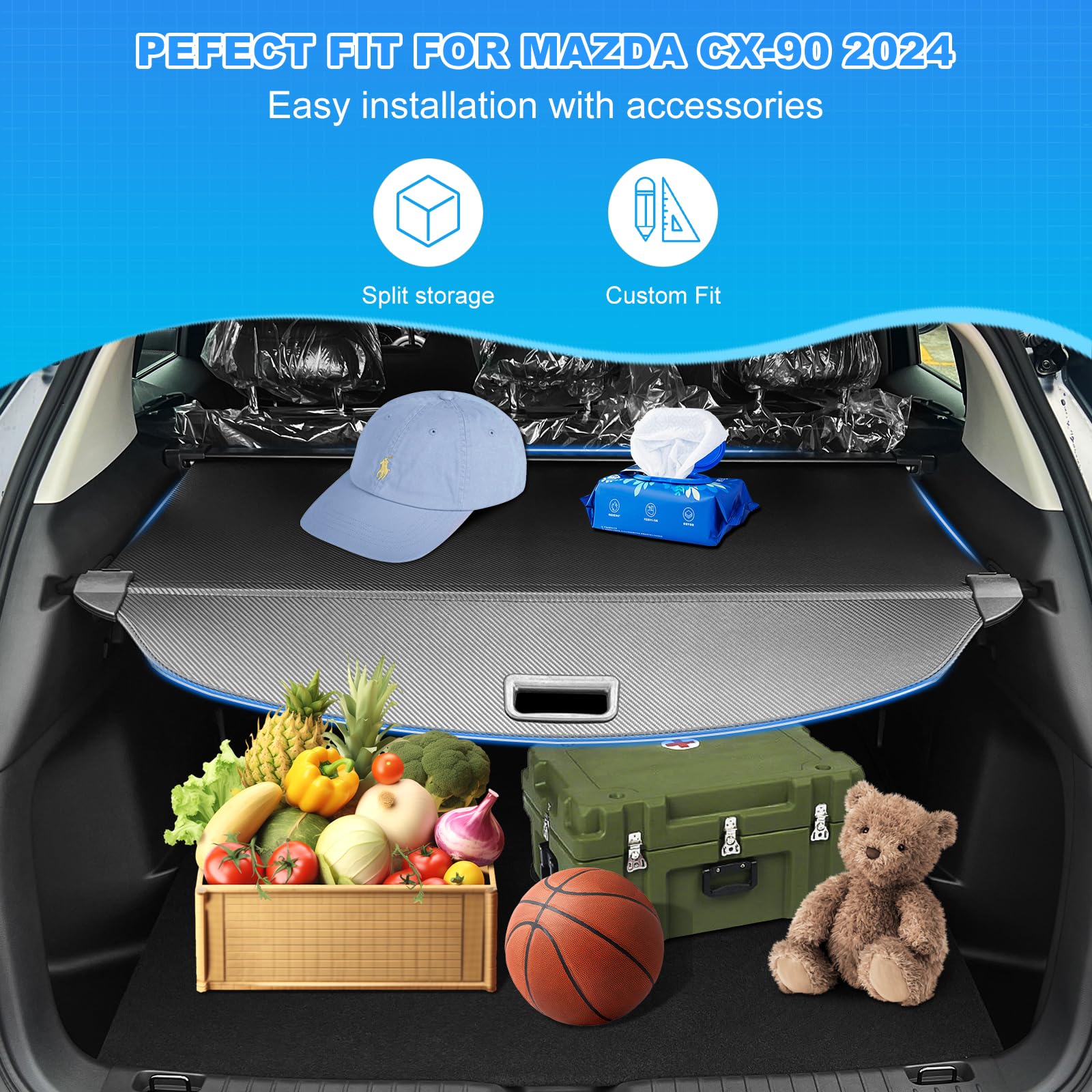 AUXKO Retractable Cargo Cover for 2024-2025 Mazda CX-90 | Trunk Luggage Security Shade | Carbon Fiber Privacy Screen | Perfect for Road Trips & Grocery Protection