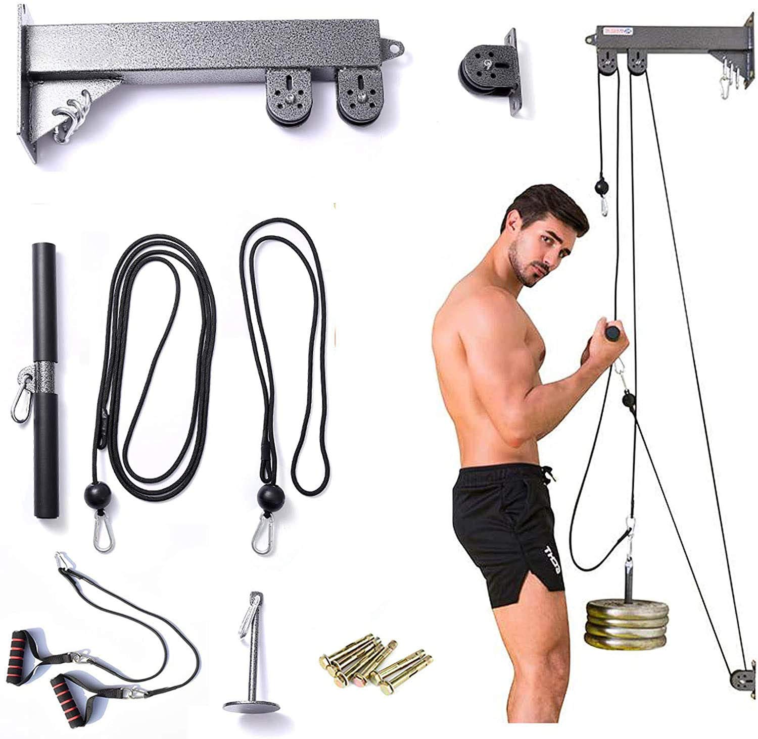 Qiuqiu Fitness Pulley System with Triceps Handle & Traction Straps - Home Gym Equipment for Arm, Forearm & Wrist Strength Training - Perfect for Garage Workouts & Full-Body Exercises