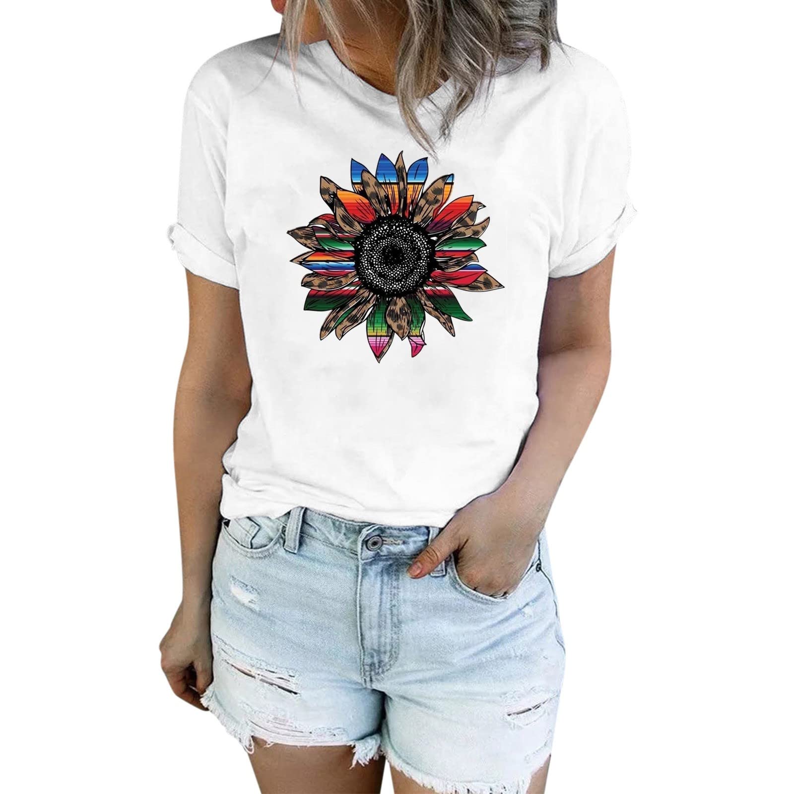 Women's Sunflower Graphic Short Sleeve T-Shirt - Cute Floral Casual Tee for Summer, Beach, Swim Cover-Up & Everyday Wear