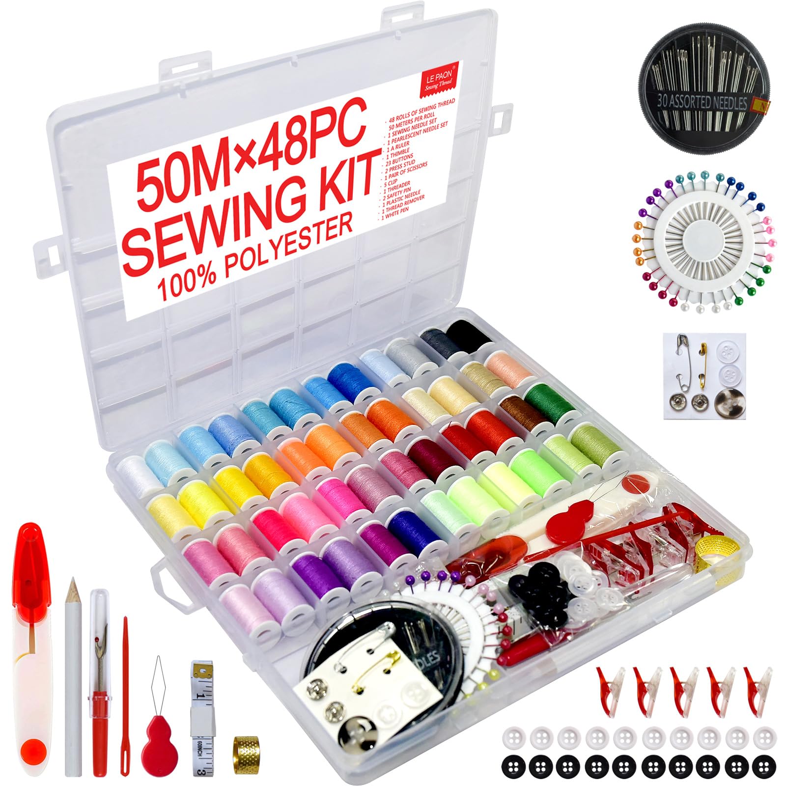 48-Piece Premium Sewing Kit for Women, Mom, Travelers & Beginners - Complete Sewing Supplies Set with Scissors, Thimble, Thread, Needles & Tape Measure - Perfect Gift for Travel, Home & Emergency Repairs
