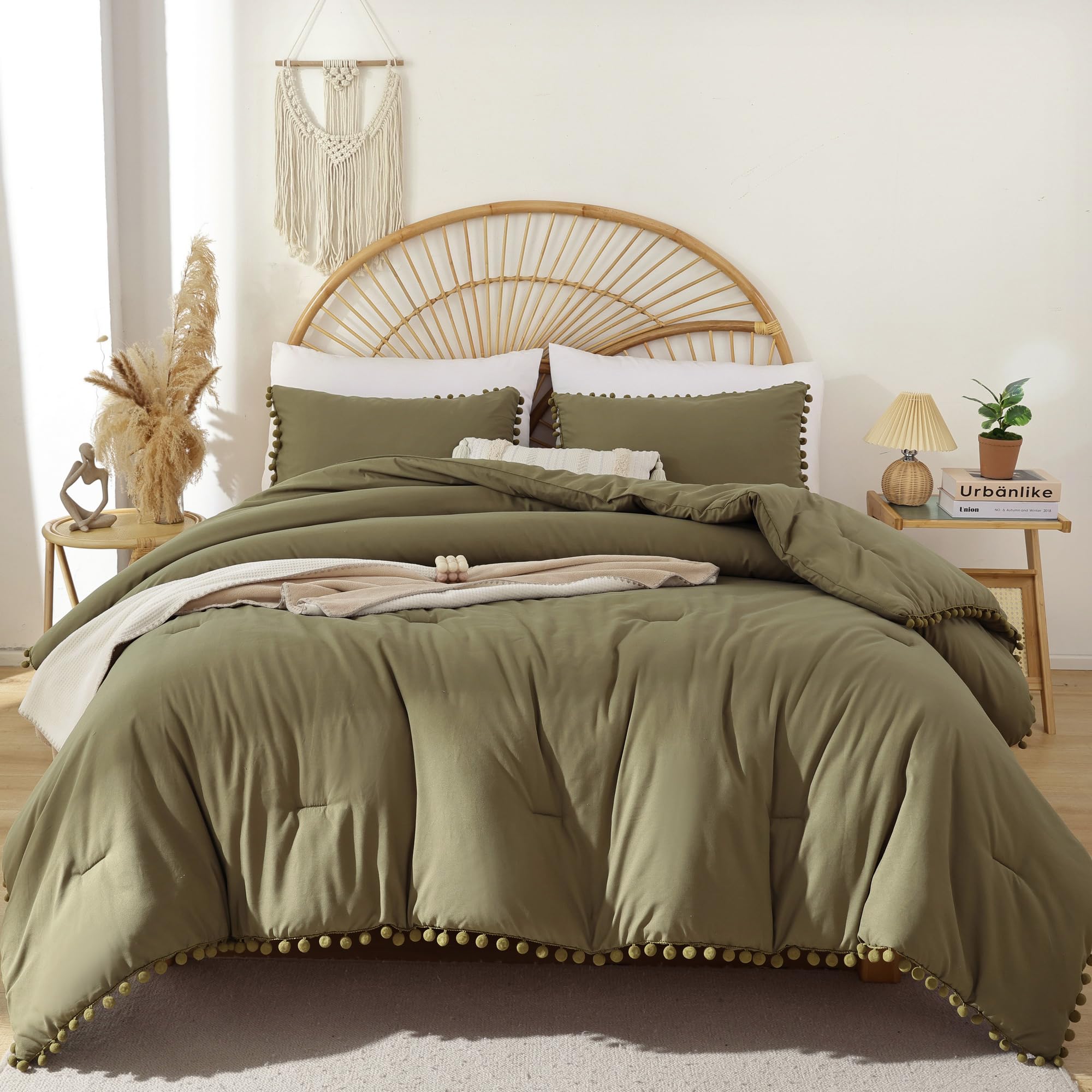 Queen Comforter Set with Pom Fringe - 3pc Soft Bedding for All Seasons in Olive Green | Cozy Home Decor