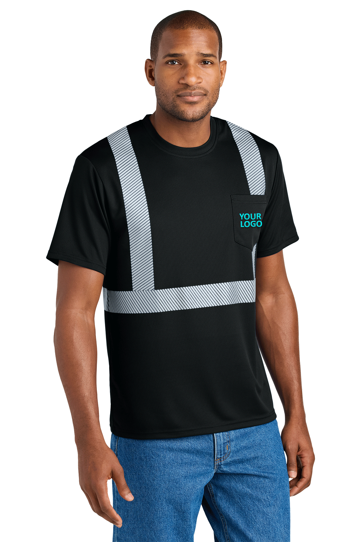 CornerStone Enhanced Visibility Segmented Custom Tape Tees - High Visibility Black Reflective T-Shirts for Running, Cycling & Night Safety Workwear