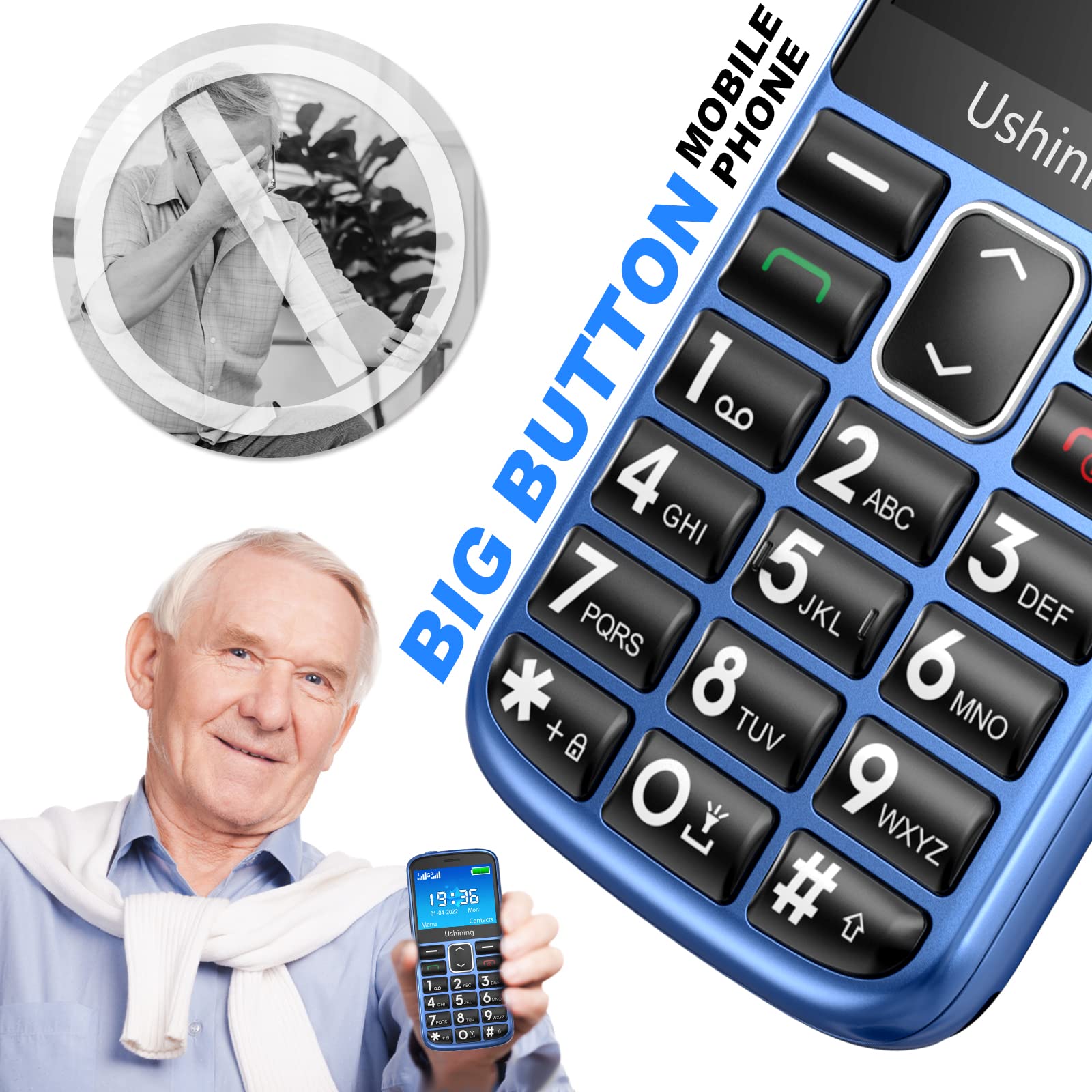 CHAKEYAKE Easy-to-Use Big Button Senior Cell Phone - Unlocked Dual SIM Basic Mobile Phone for Elderly with SOS Emergency Button, Charging Dock & Hearing Aid Compatibility (Blue) | Perfect for Emergency Calls, Daily Communication & Hearing Impaired Users