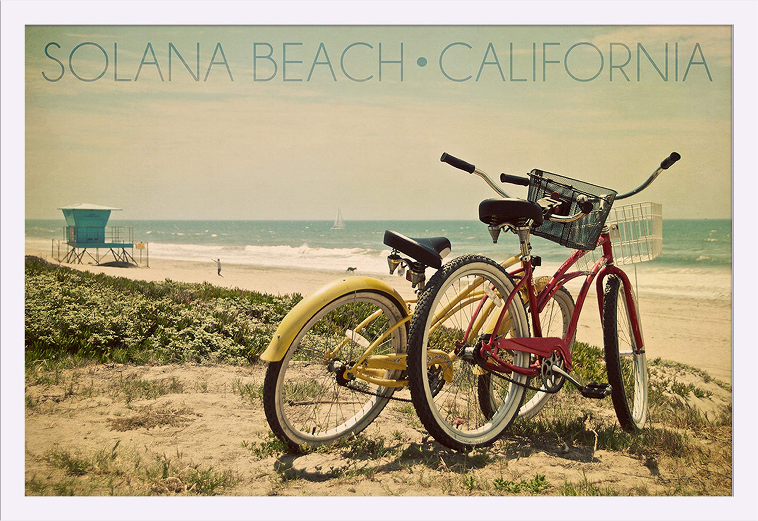 Solana Beach California Bicycles and Beach Scene 57305 - 36x24 Giclee Art Print, Gallery Framed in White Wood - Perfect for Coastal Home Decor, Beach House Wall Art, and California Themed Living Room