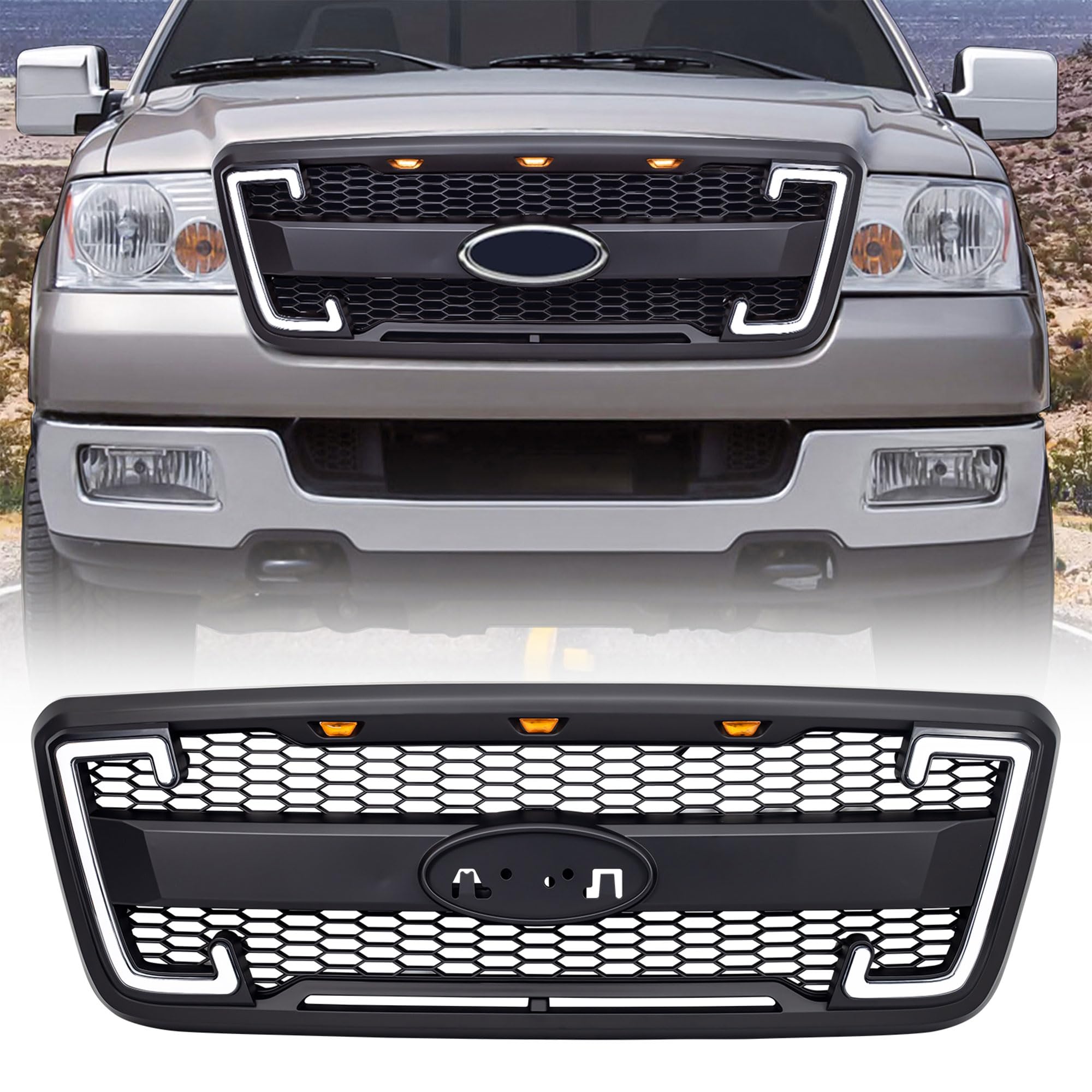 Raptor Style Mesh Grille with DRL & Turn Signals for 2004-2008 Ford F150 | Matte Black | Off-Road Upgrade | Enhanced Style & Visibility for Trucks