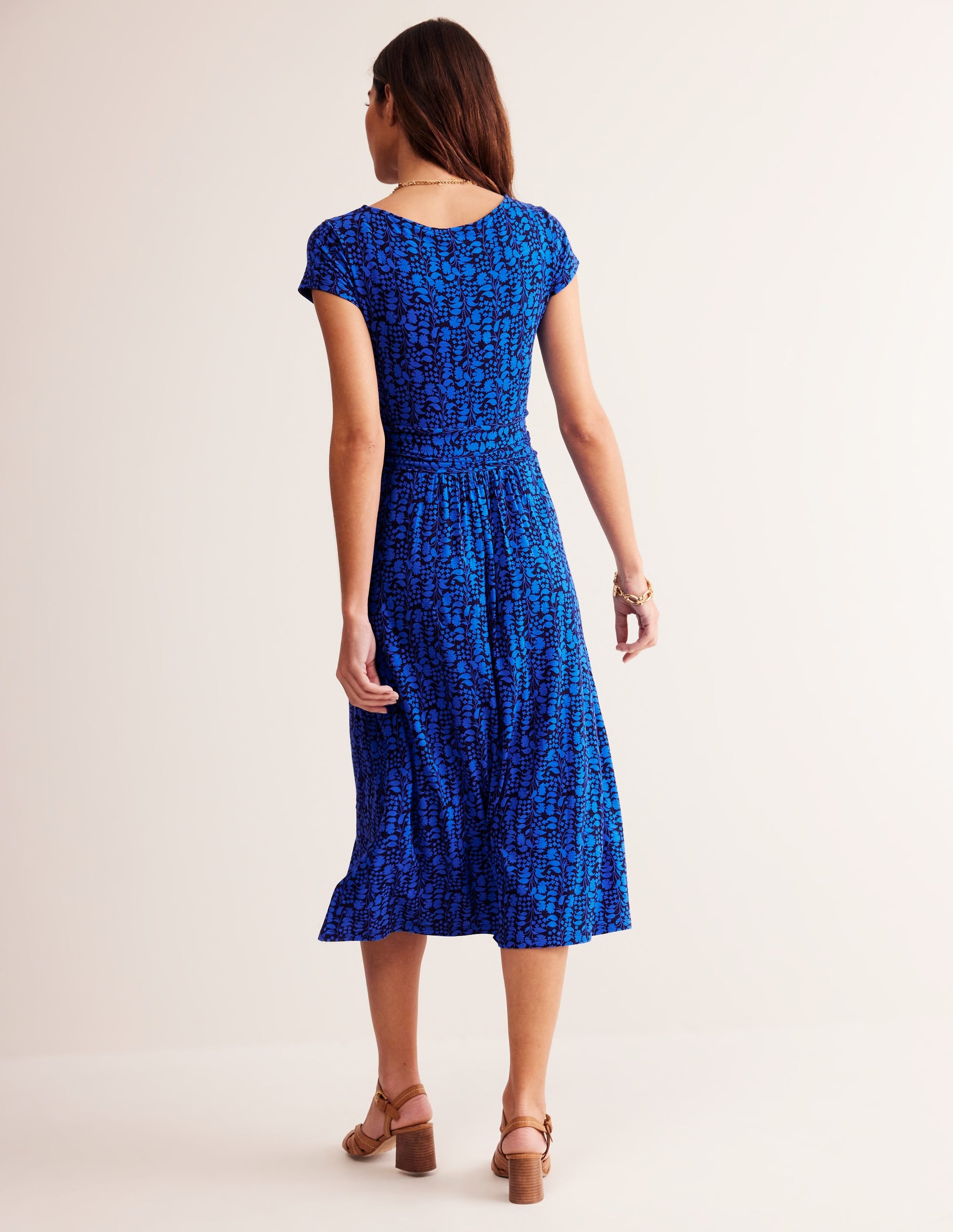 Amelie Jersey Midi Dress in Kingfisher Blue with Prairie Vine Print - Flowy Summer Dress for Women, Perfect for Beach Vacations, Garden Parties and Casual Outings