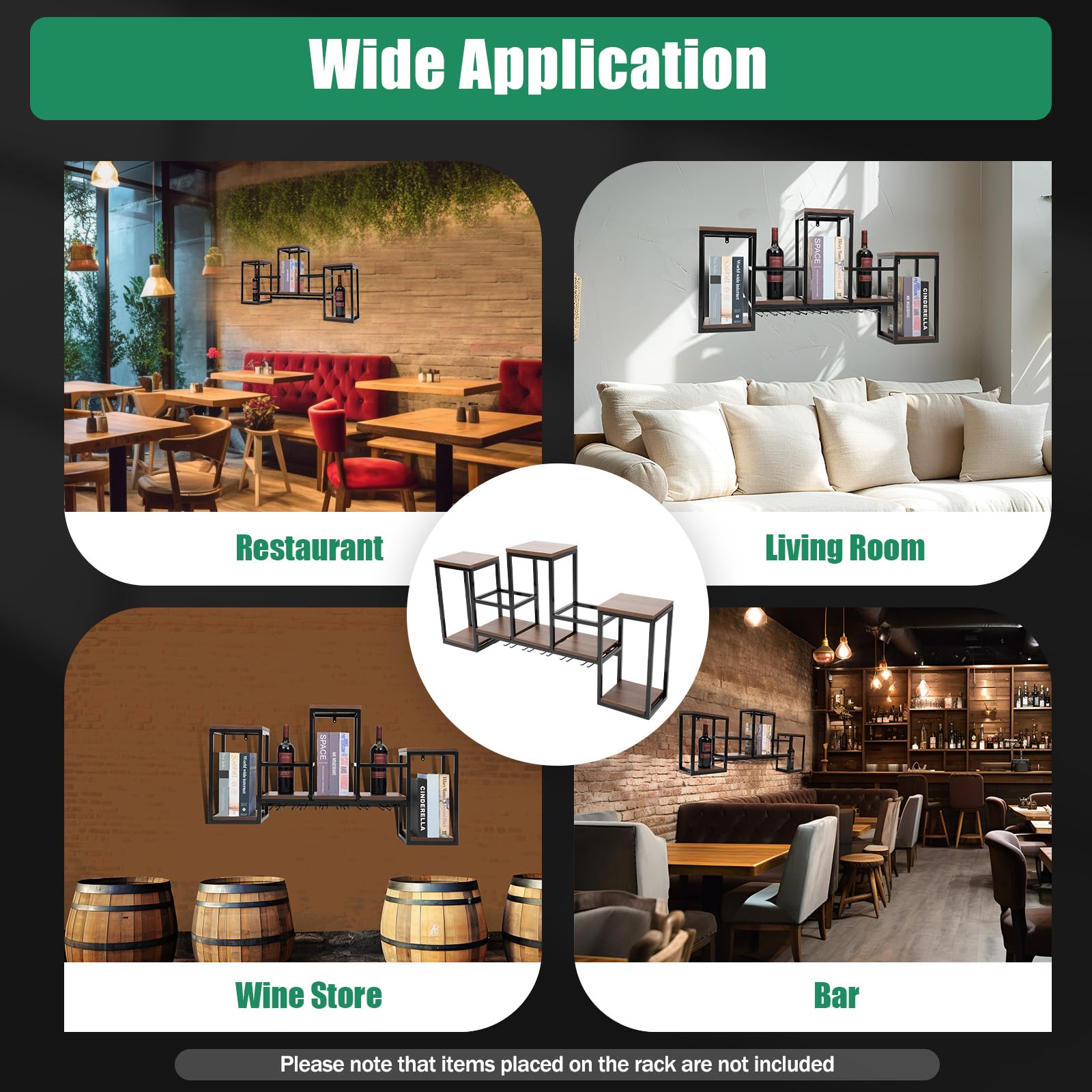 Metal & Wood Wall Mounted Wine Bottle Rack - Multi-Functional Wine Storage Display with Glass Holder for Home, Kitchen & Bar - Perfect for Organizing Wine Collections & Entertaining Guests