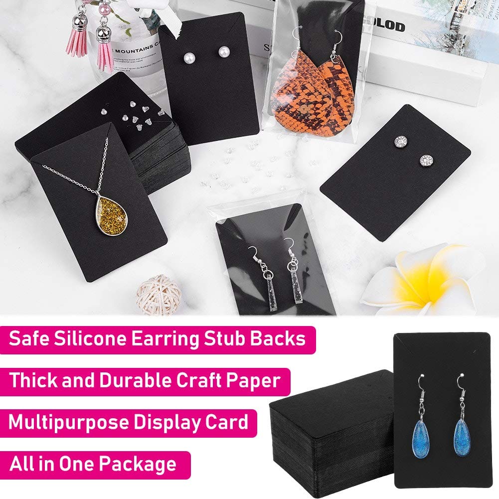 Anezus Premium Earring Display Cards - Jewelry Packaging Holder with Earring Bags & Backs - Elegant Black Earring Cards for Necklace & Jewelry Retail Display - Perfect for Boutiques, Craft Shows & Online Store Photography