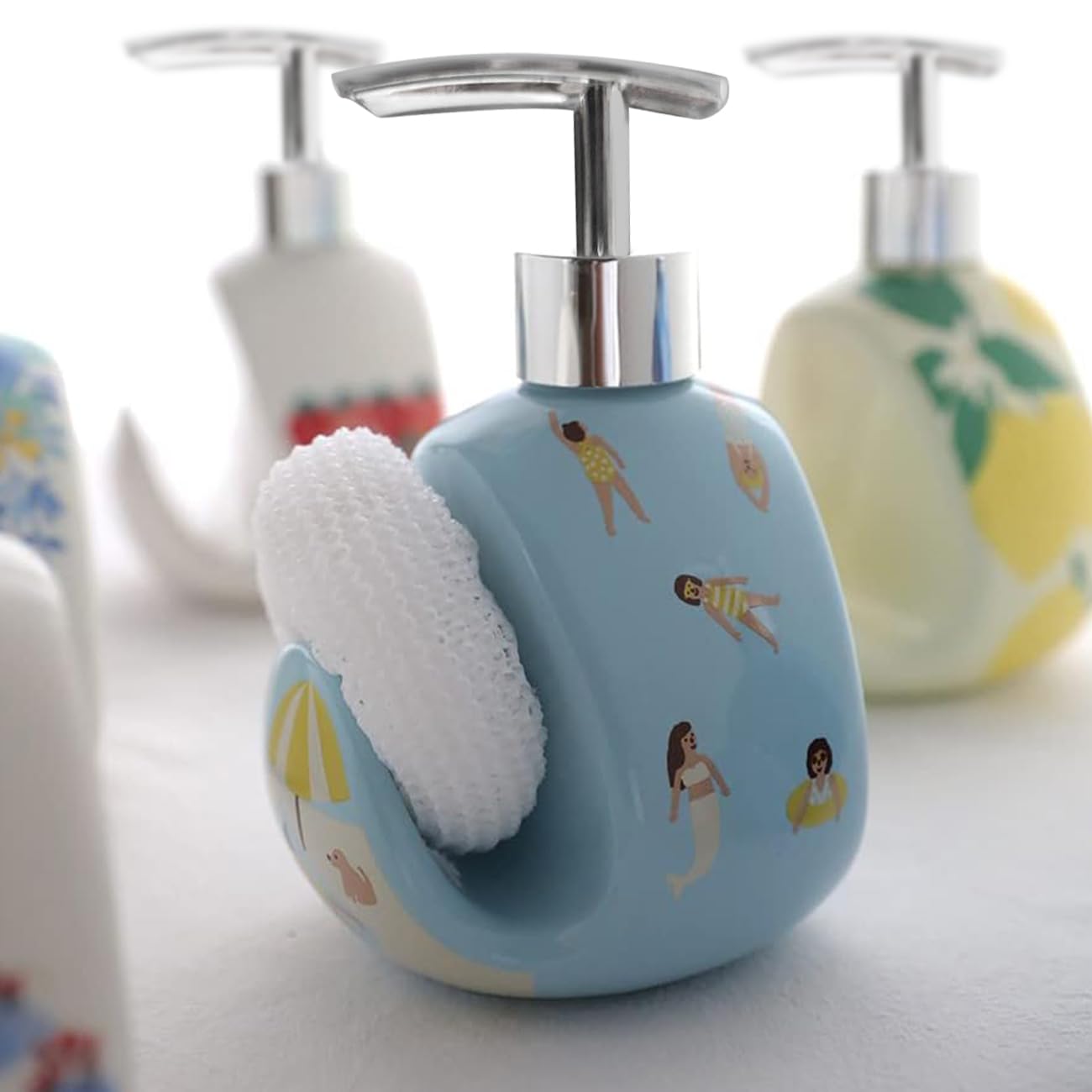 WAYUTO Ceramic Soap Dispenser with Sponge Holder - Elegant Liquid Hand Pump Bottle for Kitchen Sink & Bathroom Decor | Durable Laundry Sanitizer in Blue | Perfect for Home, Office, and Guest Bathroom Organization