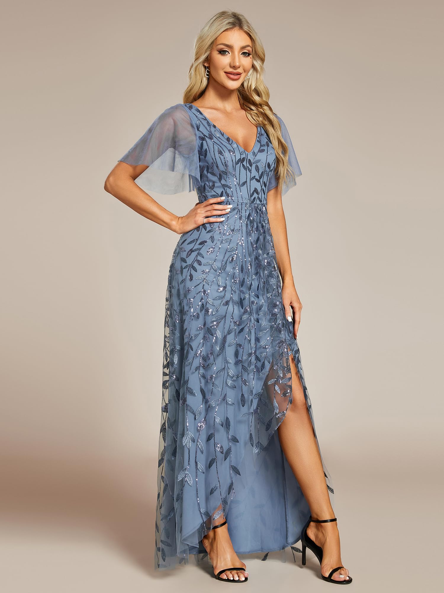 Ever-Pretty Women's Sparkly Formal Evening Gown with V-Neck, Sequins & Side Slit - Elegant A-Line Long Dress for Prom, Wedding & Special Occasions (Style 02083)