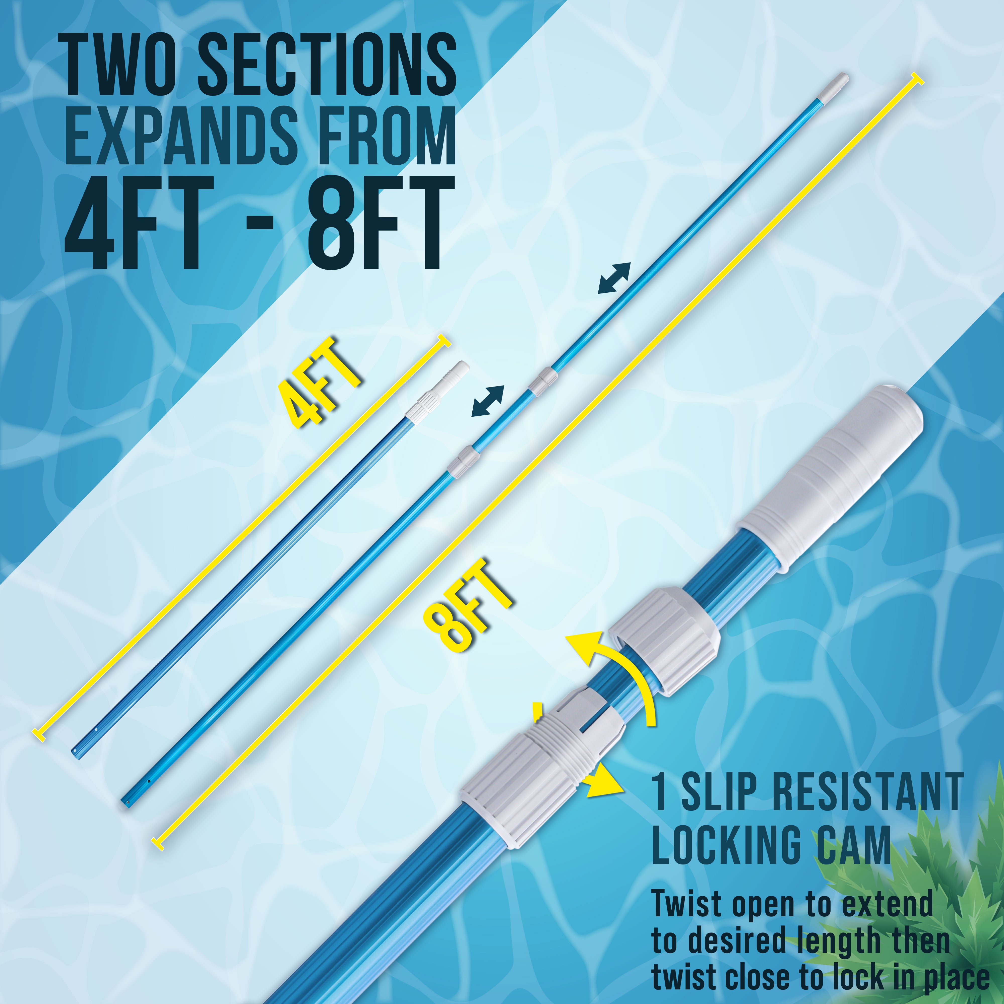 8ft Blue Anodized Aluminum Telescopic Pool Pole - Adjustable 2-Piece Swimming Pool Cleaning Tool for Skimmer Nets | Professional Grade, Durable & Lightweight | Perfect for Inground & Above Ground Pool Maintenance