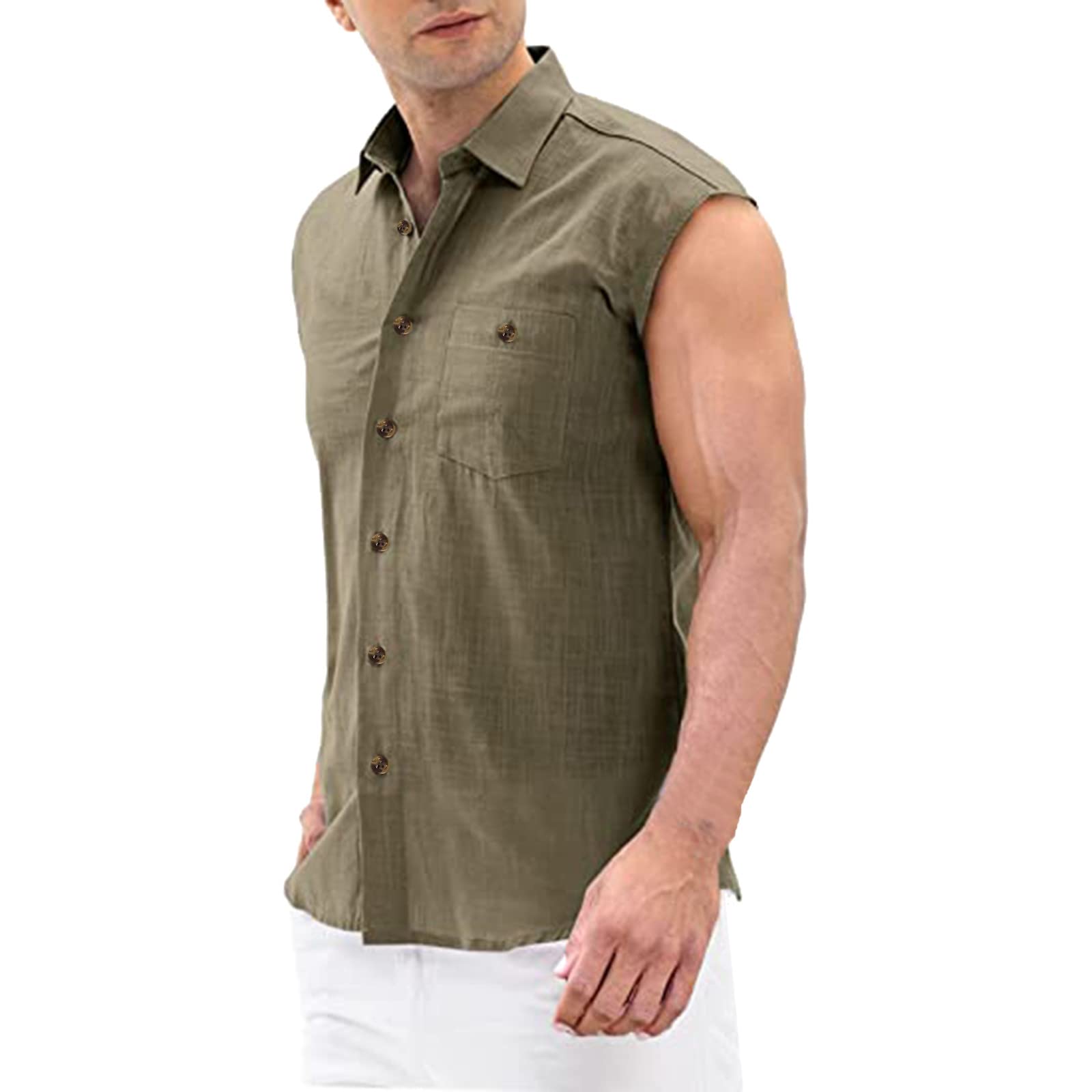 Men's Green Linen Shirts | Summer Cotton Short Sleeve Casual Tops | Solid Color Zip Up Blouse | Designer Men's Shirt for Outdoor & Office Wear